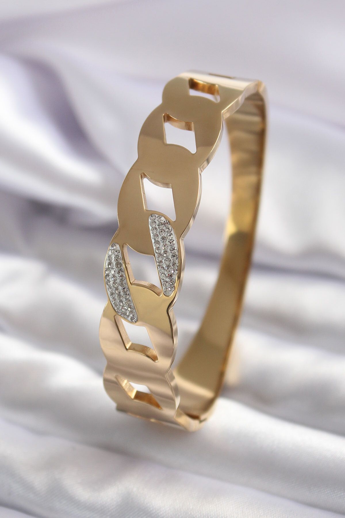 New Things 316L Çelik Gold Renk Zincir Model Zirkon Taş Detay Kadın Kelepçe