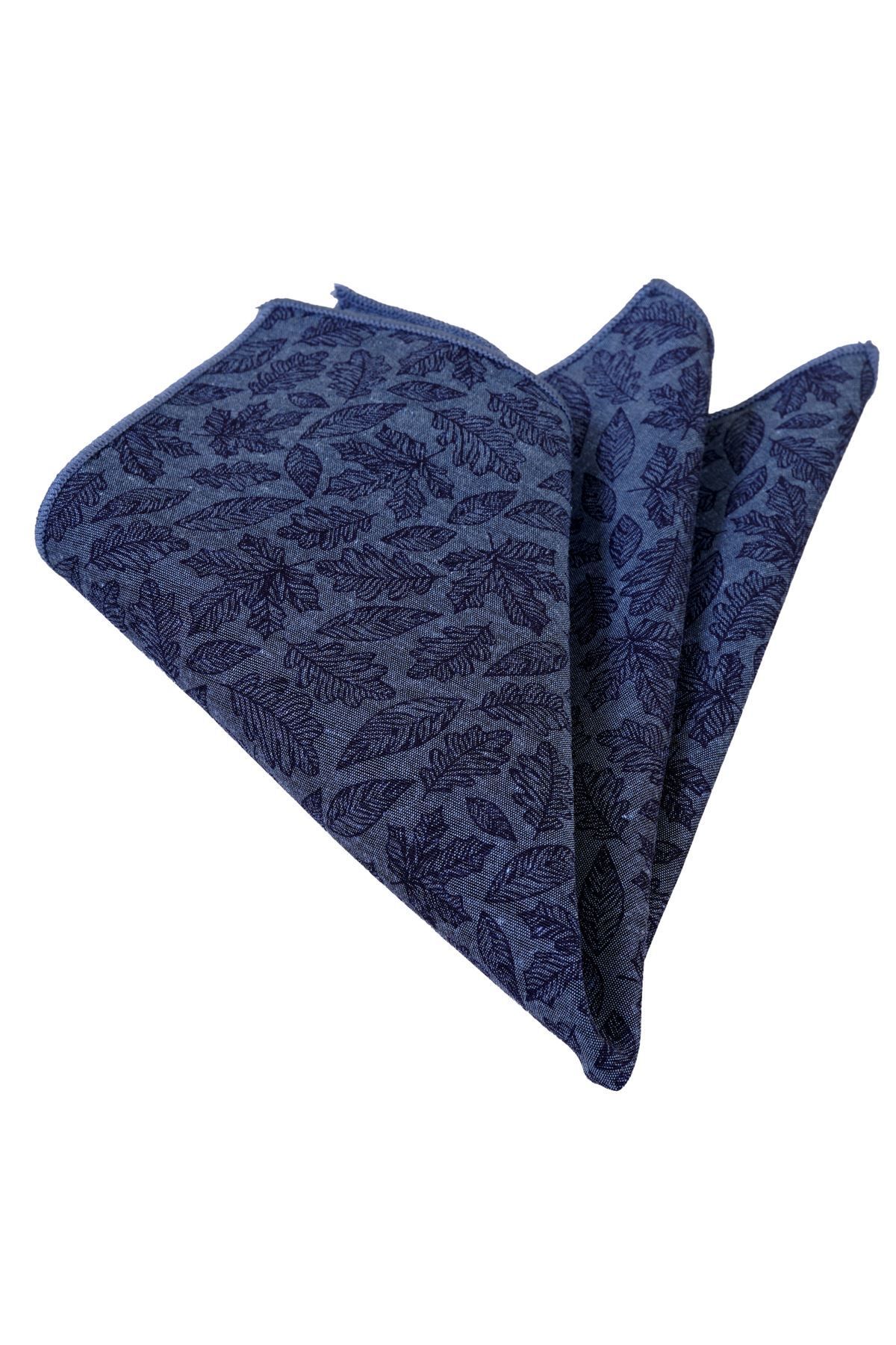 Exve Exclusive-Navy Blue Leaf Patterned Indigo Collar Handkerchief 1