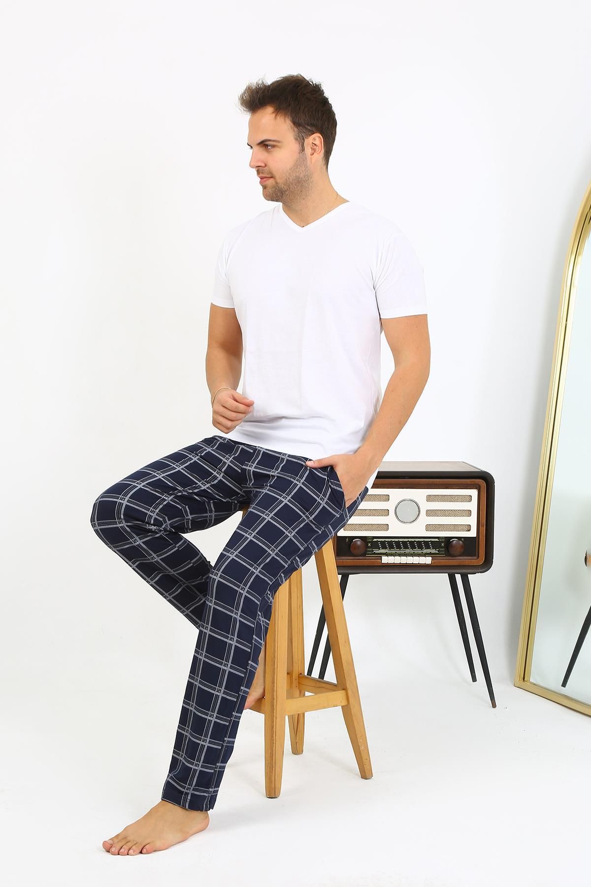 Akbeniz-Navy Blue Men's Combed Cotton Single Bottom Pajamas - Plaid Pattern 27540 1