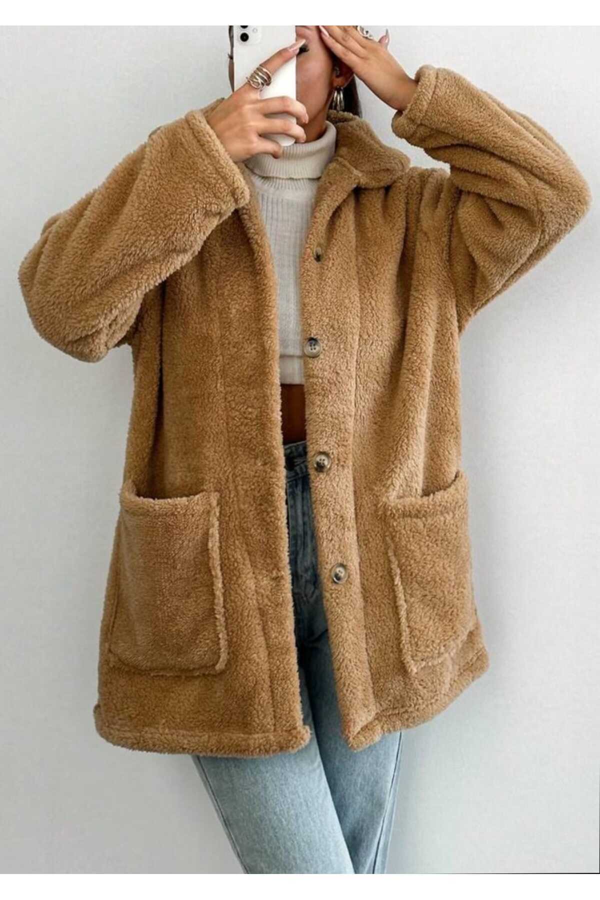 Button Detail Pocket Welsoft Fabric Long Cardigan Coat Women