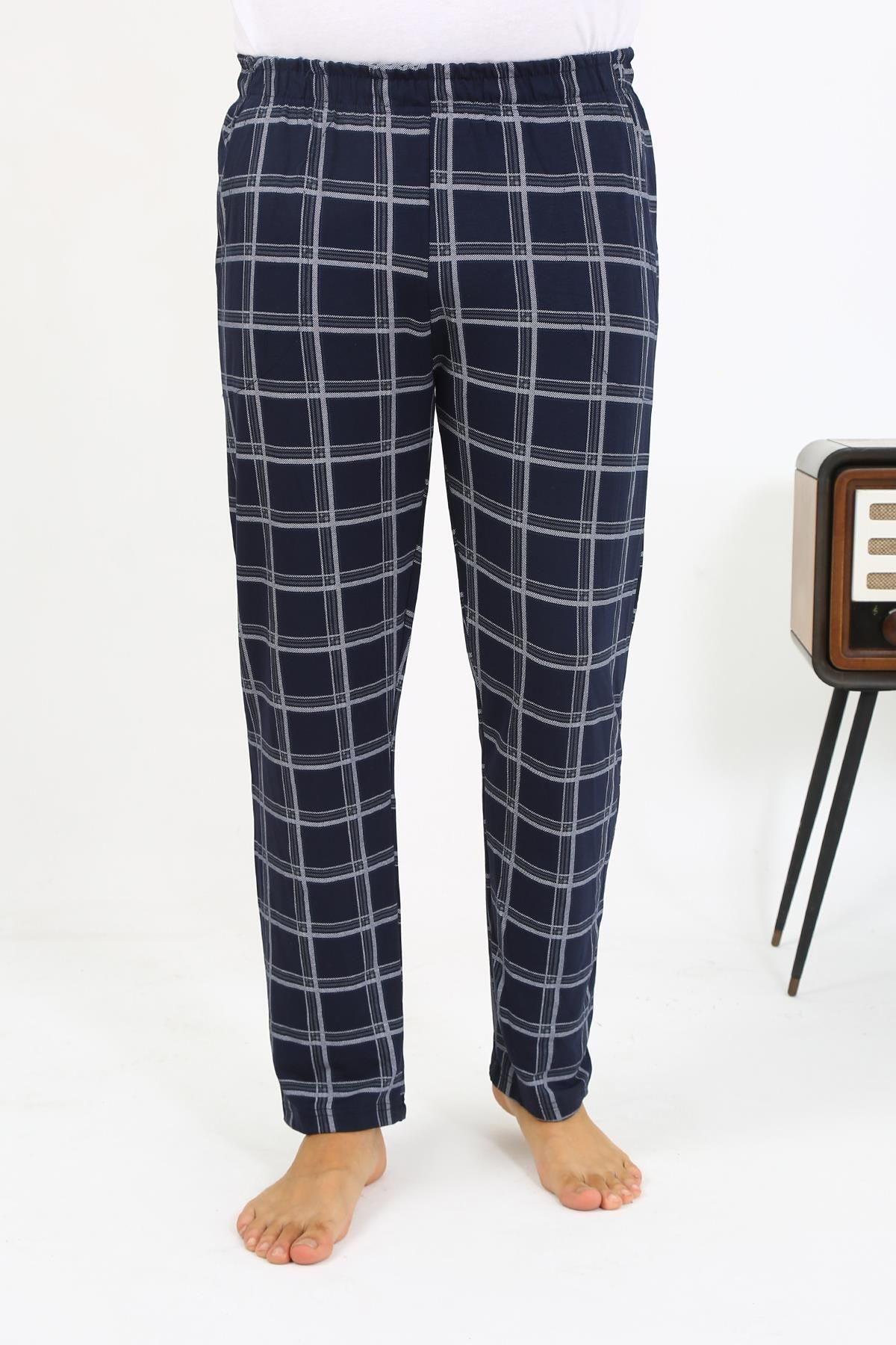 Akbeniz-Navy Blue Men's Combed Cotton Single Bottom Pajamas - Plaid Pattern 27540 5