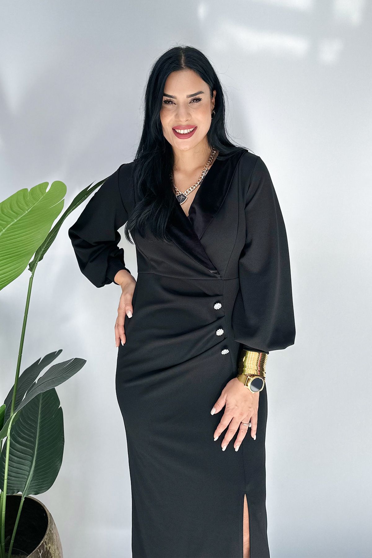 GÖKSEL-Plus Size Dress with Slits - Black 4