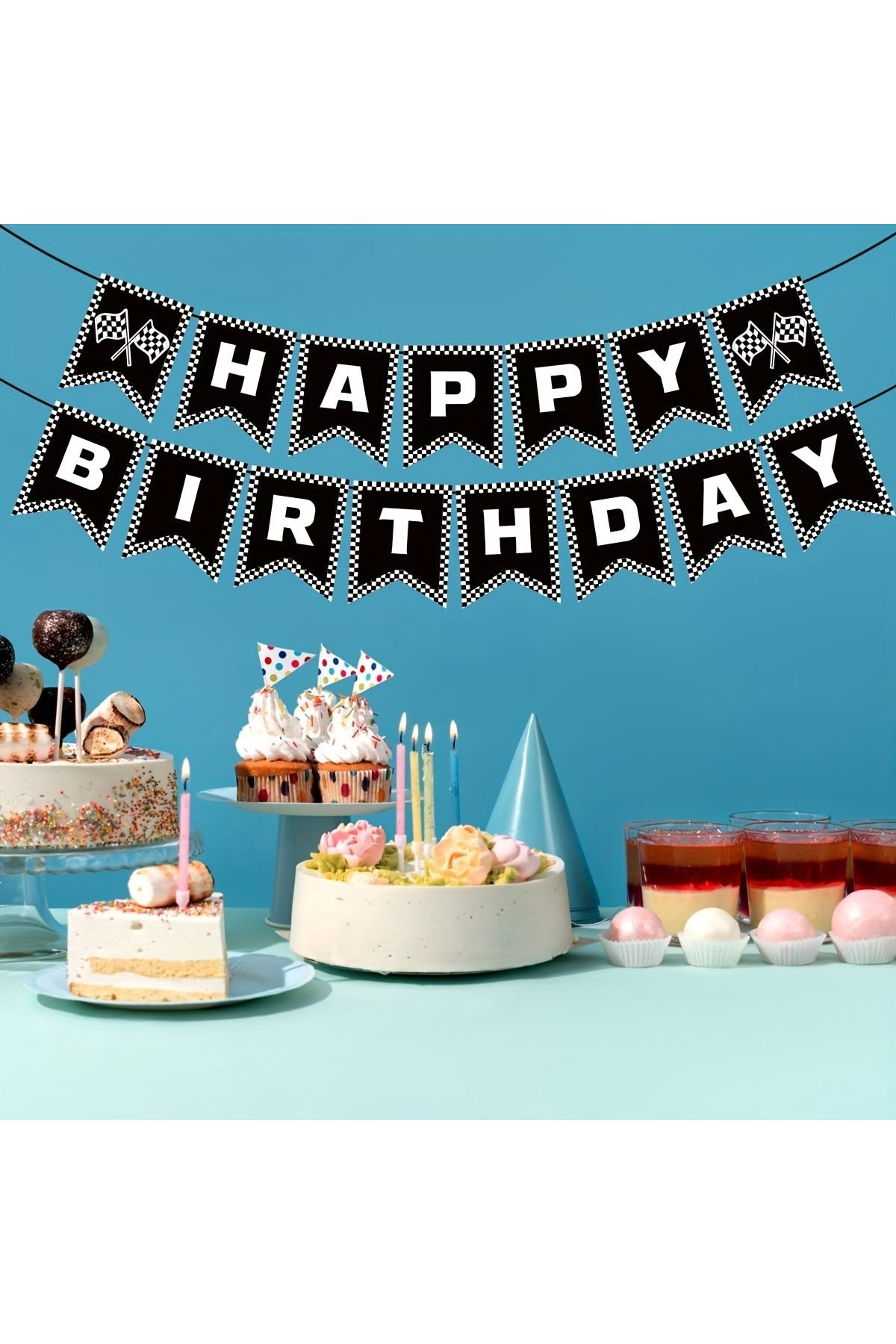 Choice-Race Car Happy Birthday Banner, Race Car Birthday Party Decorations Checkered Flags Black and Whi... 5