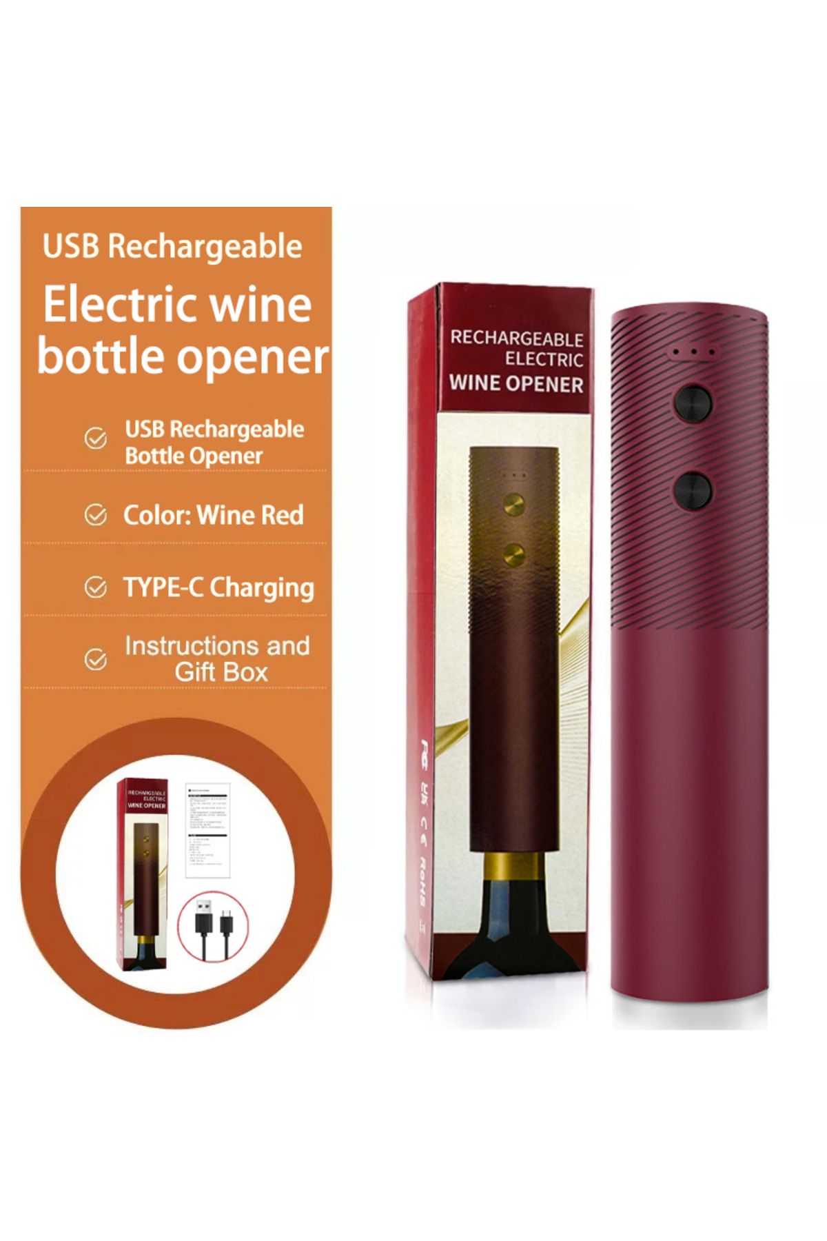 Choice-Wine Red Electric Wine Bottle Opener Automatic Wine Corkscrew Rechargeable Wine Opener One-click But 1