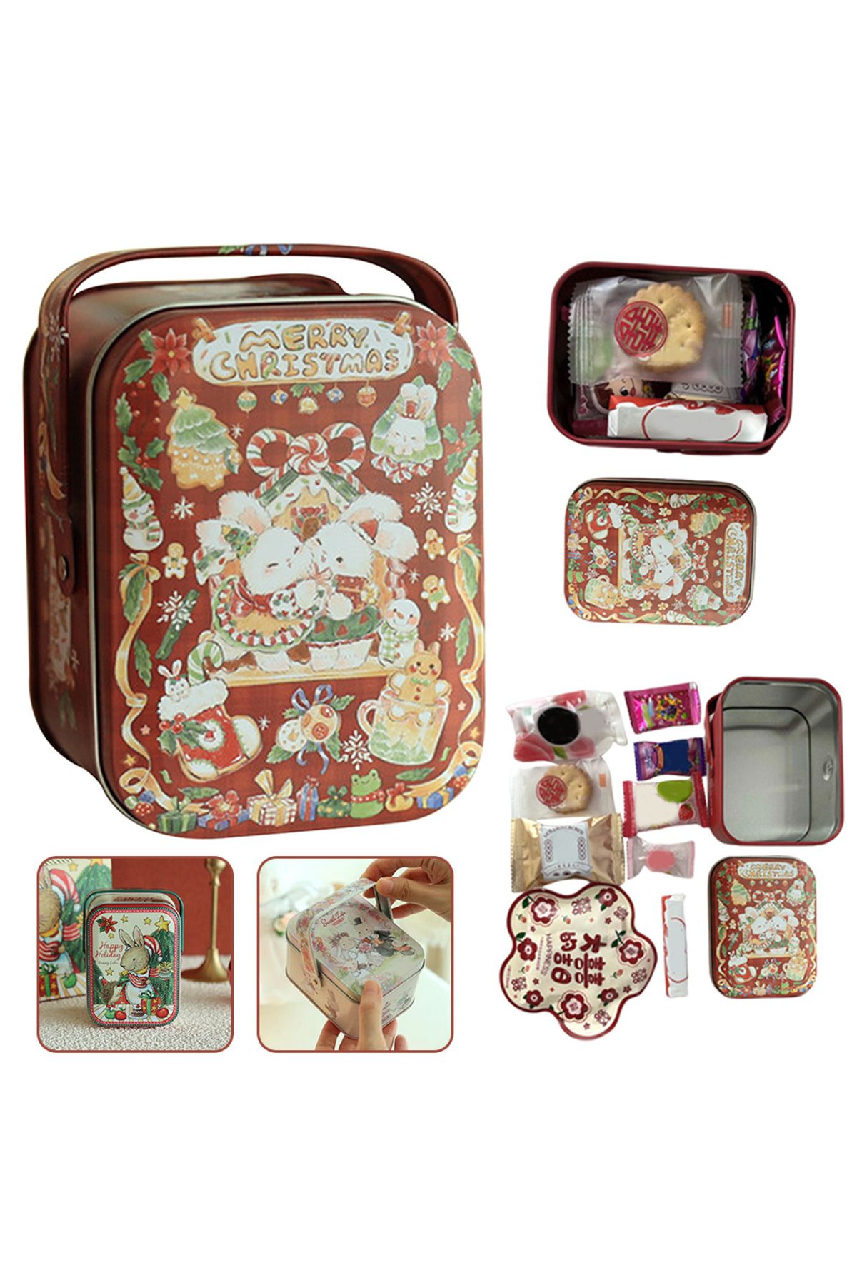 Choice-Metal Rabbits Candies Tin Box With Handle Portable Biscuits Storage Case Cartoon Pattern Candy Bo... 2