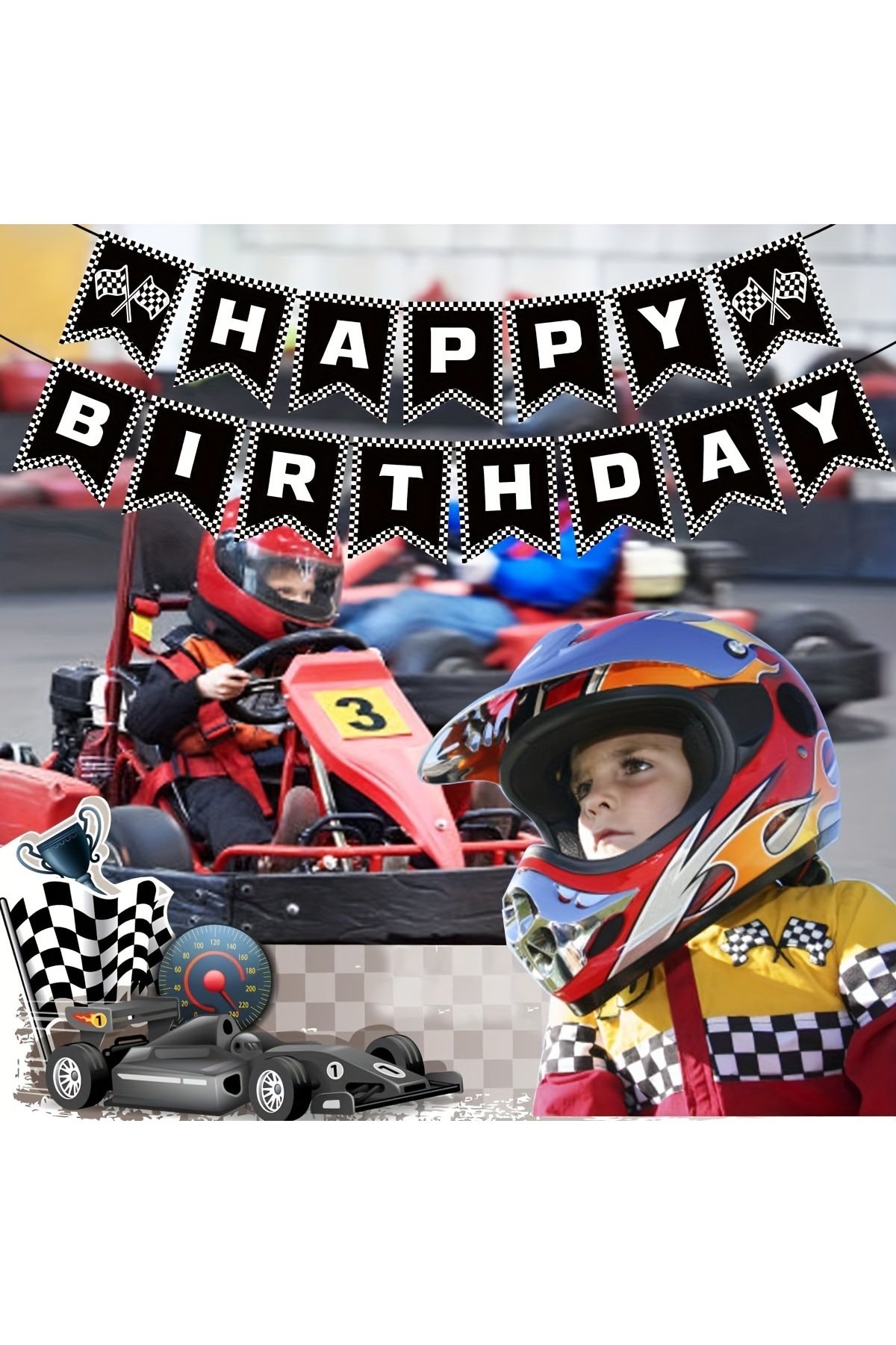 Choice-Race Car Happy Birthday Banner, Race Car Birthday Party Decorations Checkered Flags Black and Whi... 4