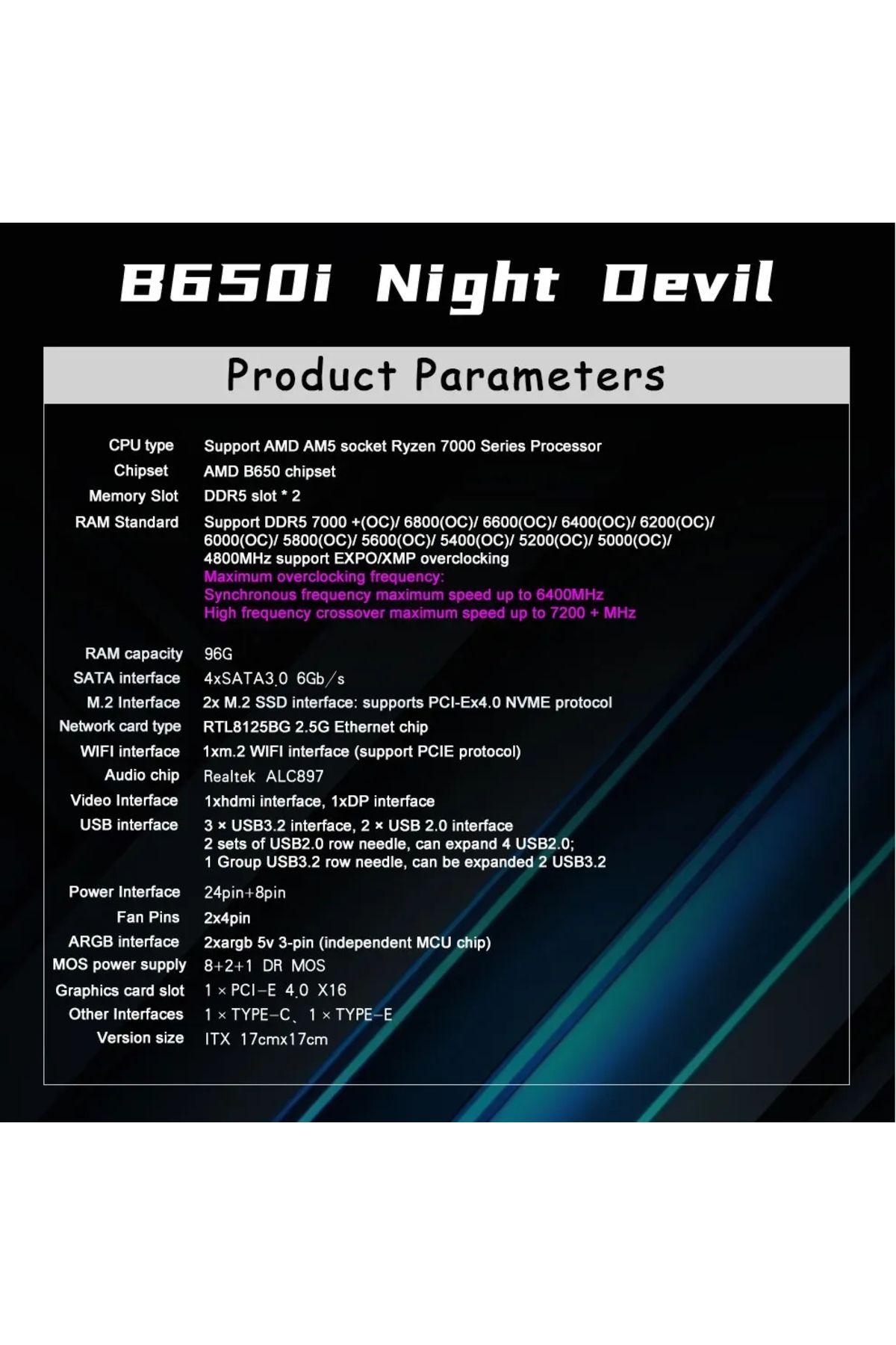 Choice-JGINYUE B650i Night Devil Mainboard ITX Mini DDR5 Computer AM5 Support 7000 Series CPU 6