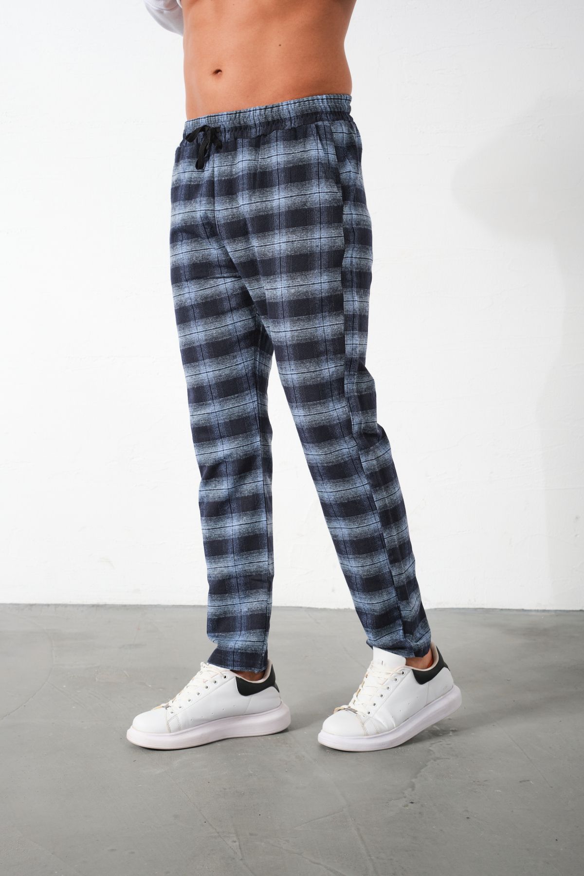 Domoda-Navy Blue Plaid Flannel Pajama Bottoms Relaxed Fit Close-Fitting Cotton Men's Trousers 4