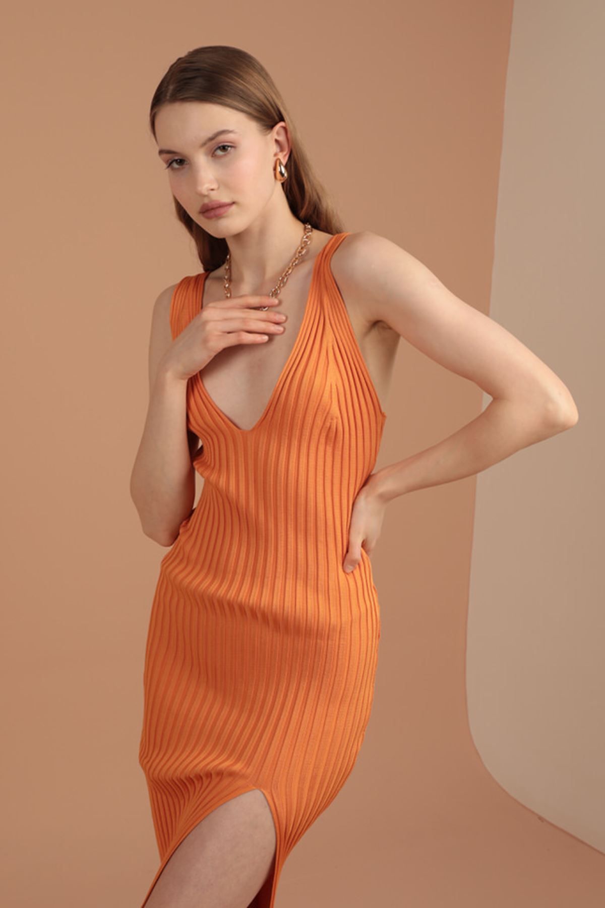 Moka Shopin-Mokashopin Knitwear Thick Wick V-Neck Women's Dress-Orange 4