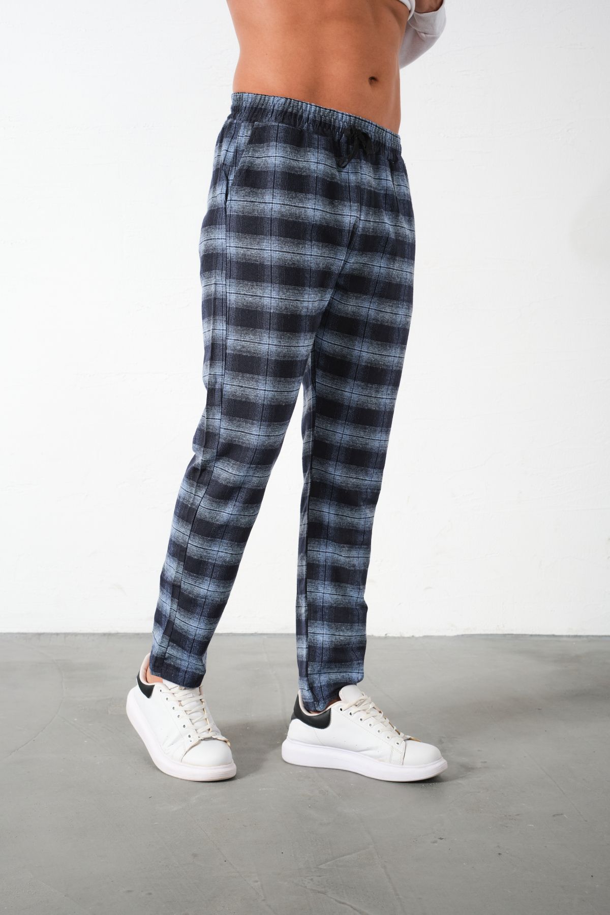 Domoda-Navy Blue Plaid Flannel Pajama Bottoms Relaxed Fit Close-Fitting Cotton Men's Trousers 6