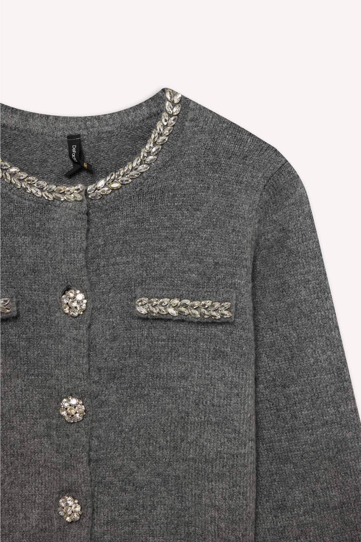 DeFacto-Regular Fit Crew Neck Stone Detailed Buttoned Knitwear Cardigan 3191479 2