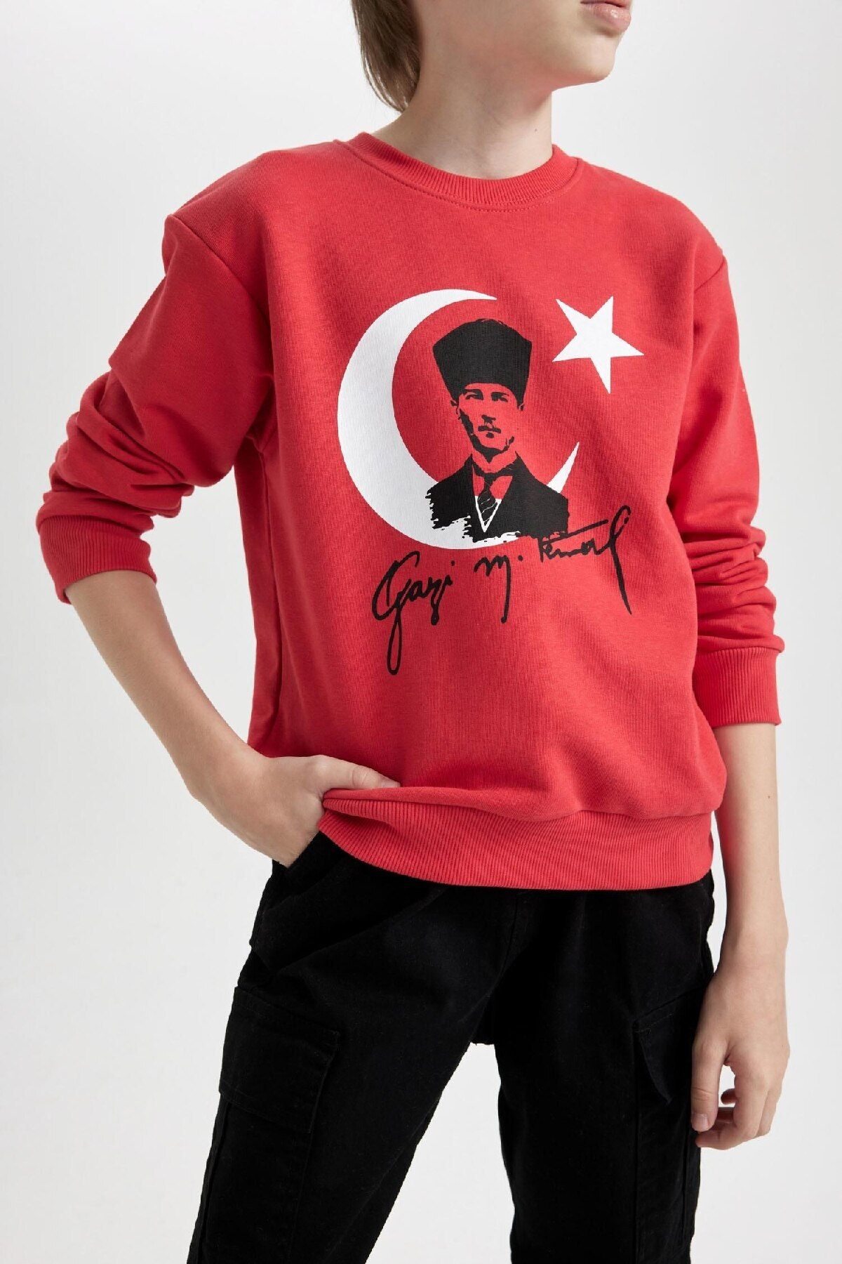 DeFacto-Boy's Crew Neck Ataturk Printed Red Sweatshirt D8199A824Wn 7