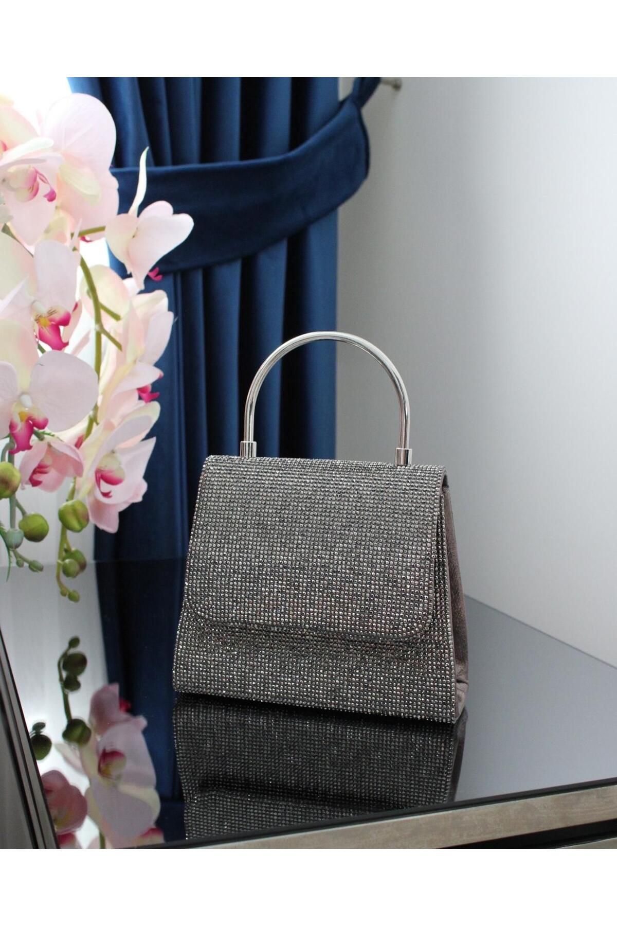 Molie-Women's Platinum Smoked Metal Handle with Stones - Stylish Wedding - Invitation Evening Bag 1