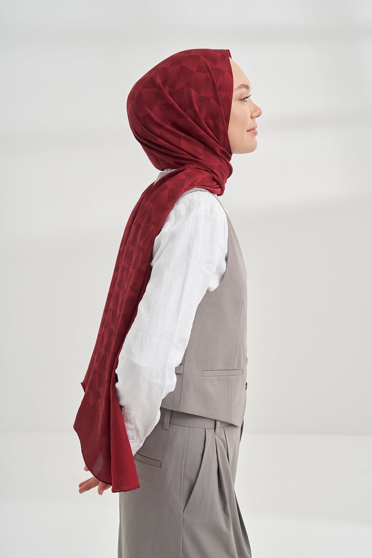 ARMANDA-Cotton Monogram Geometric Pattern Shawl - Claret Red 3