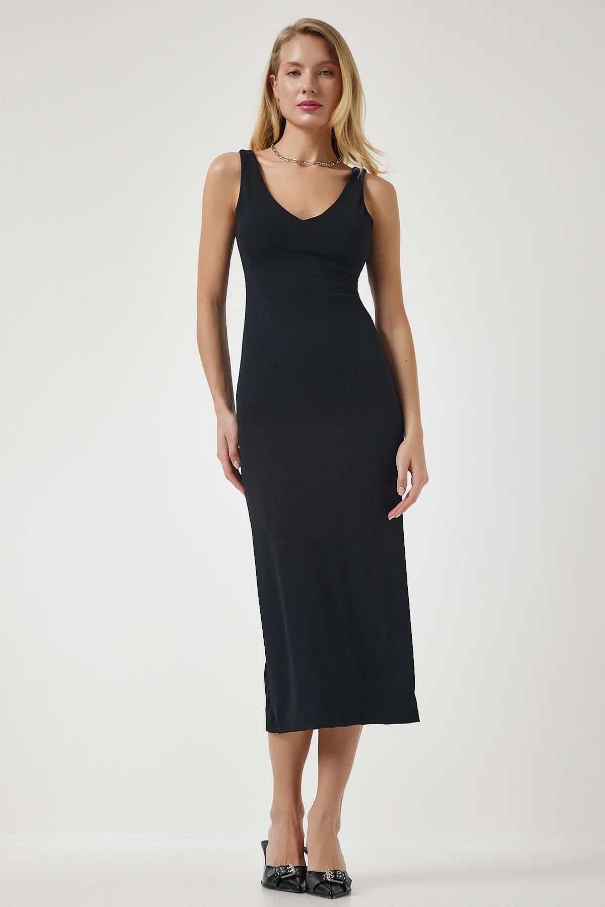 TENA-Women's Black V-Neck Dress - Front and Back Design 7