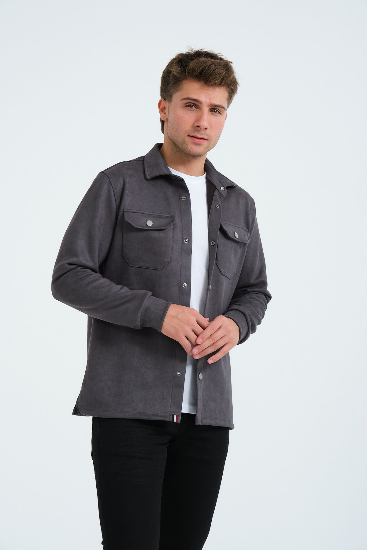 Rich-Cămașă din piele intoarsa pentru barbati gri Tricou Top Camasa groasa Jacheta afumata 5