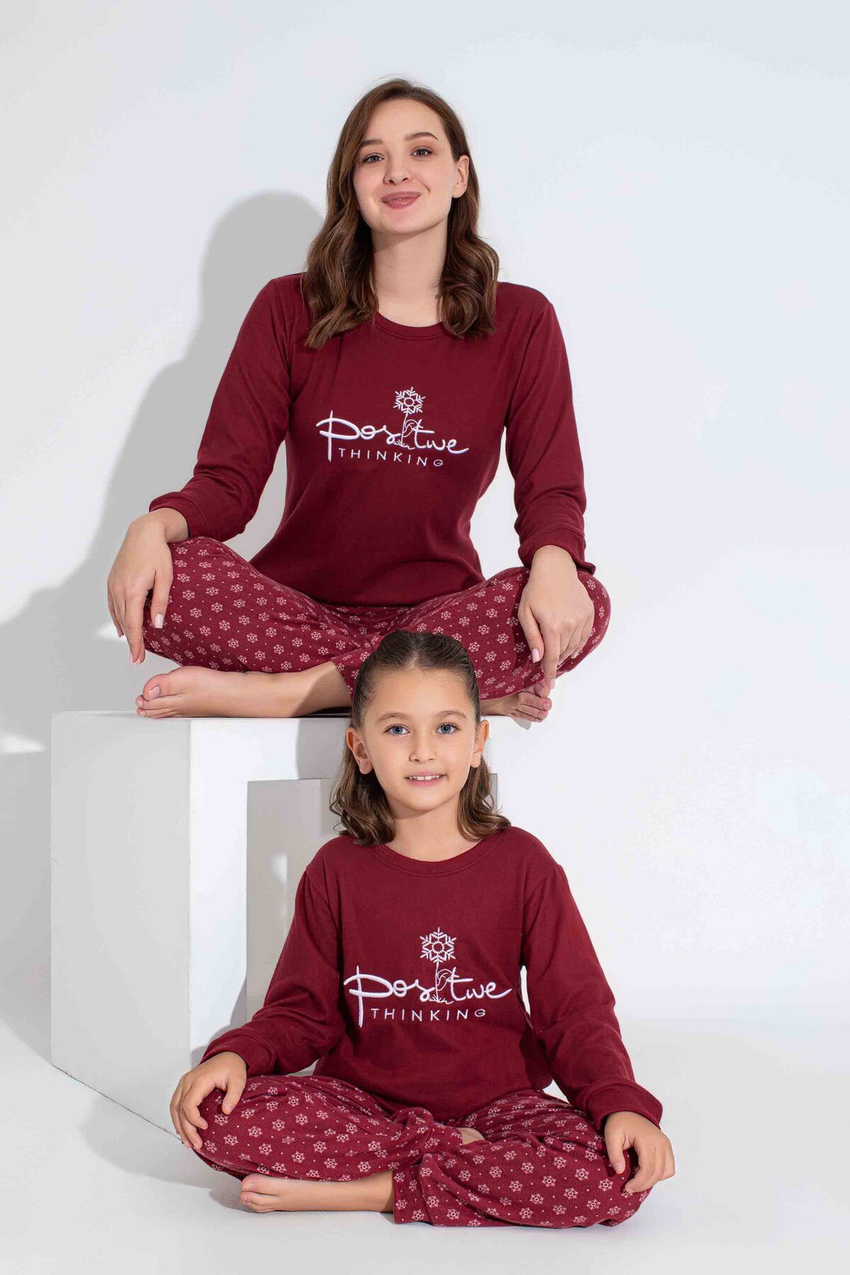 Tarık-Women's Burgundy Snowflake Pattern Mother Girl Combination Thermal Winter Warm Soft Pajamas Set 1