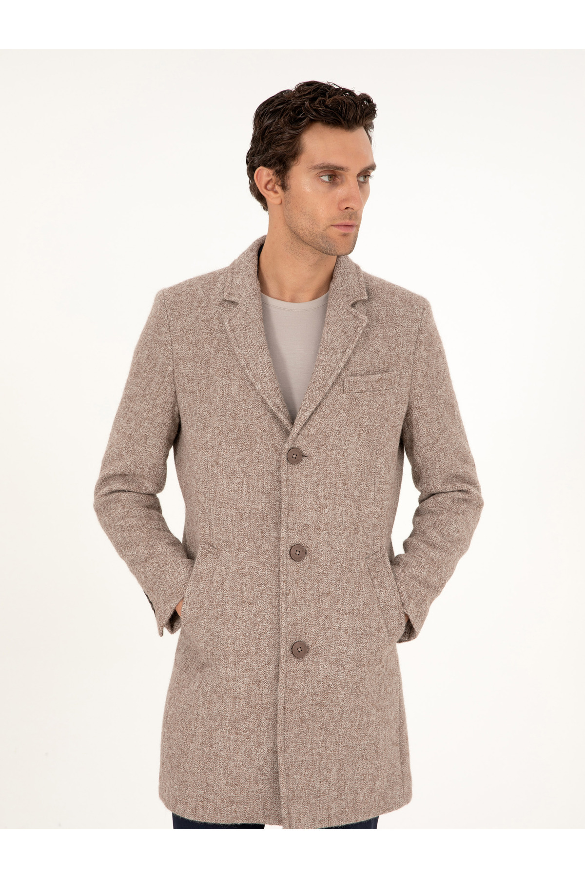 Cacharel Açık Kahverengi Slim Fit Yün Karışımlı Palto 50293729-VR002 görsel 3