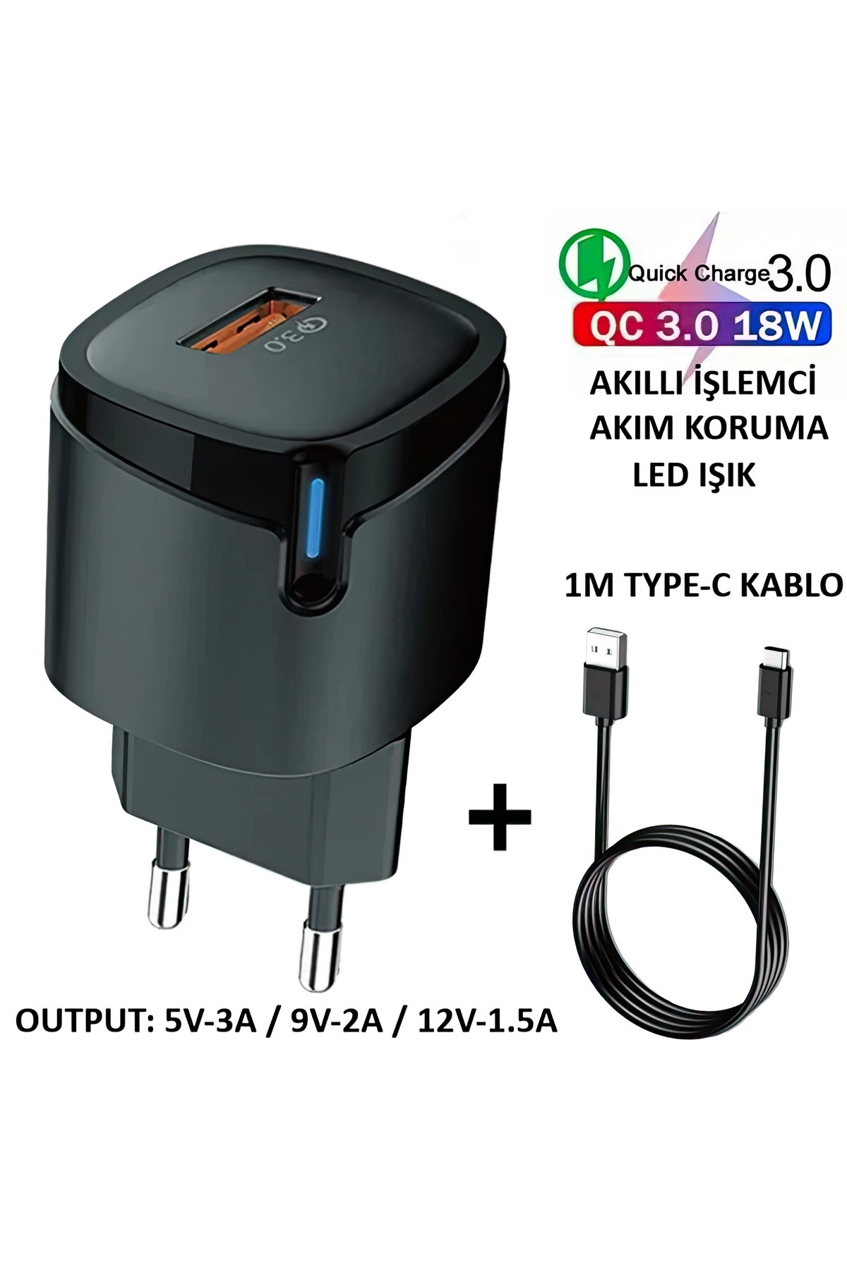 İYONZE ULTRA KALİTELİ OC-3.0 18W HIZLI ŞARJ ADAPTÖRÜ(AKILLI ÇİP/LED IŞIK/1M TYPE-C KABLO)