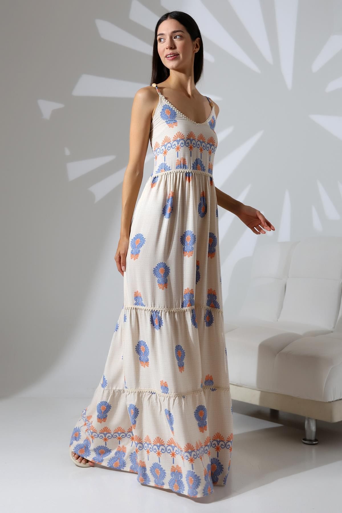 TENA-Blue Viscose Long Dress - Strappy and Watery Pattern 5