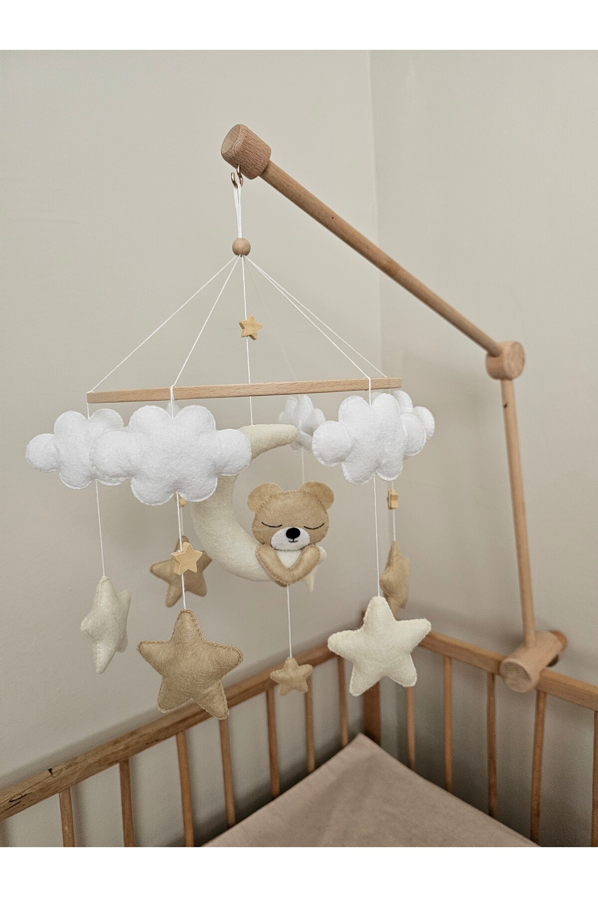 hobiimobiii Dönence (MÜZİKLİ) Bebek Beşik Süsü Keçe Dönence Aydedeli Ayıcık fotoğrafı 3 (önizleme)