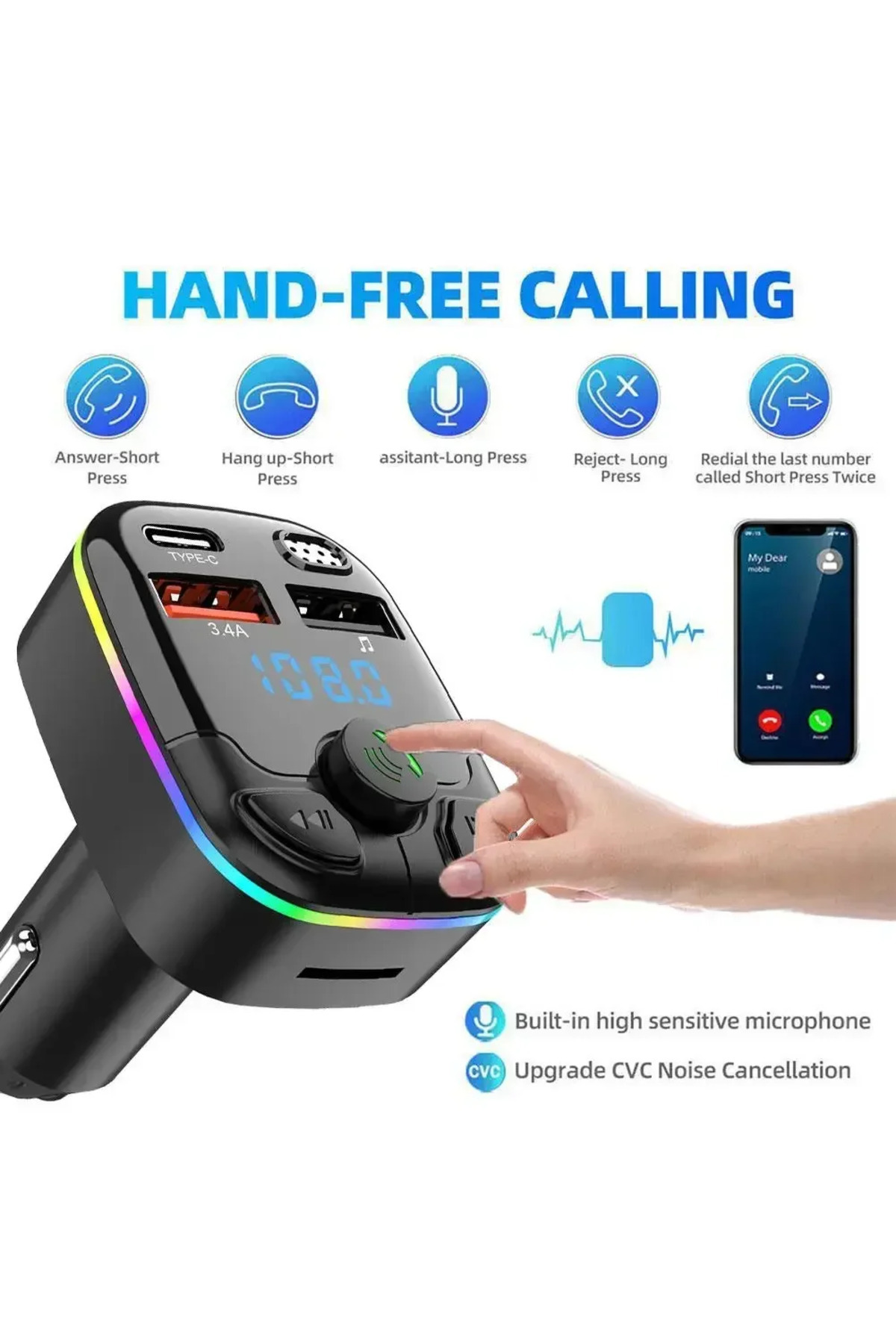 Opansten-Car Bluetooth 5.0 Fm Transmitter Wireless Adapter Mic Audio Receiver Auto Mp3 Player 2.1a Dual Us... 1