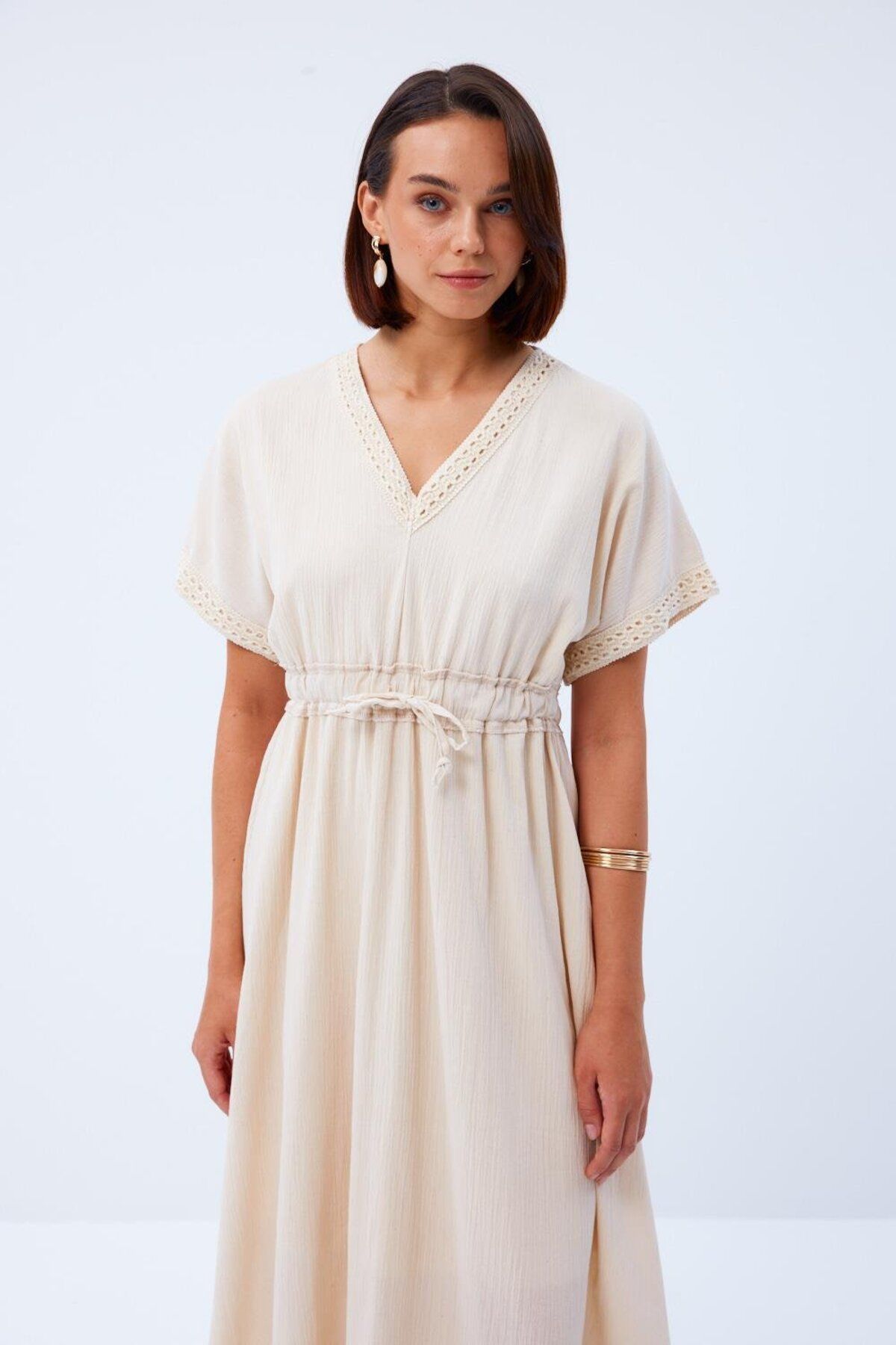 Tuba Butik-Beige Midi Dress - Linen Look, V-Neck 6