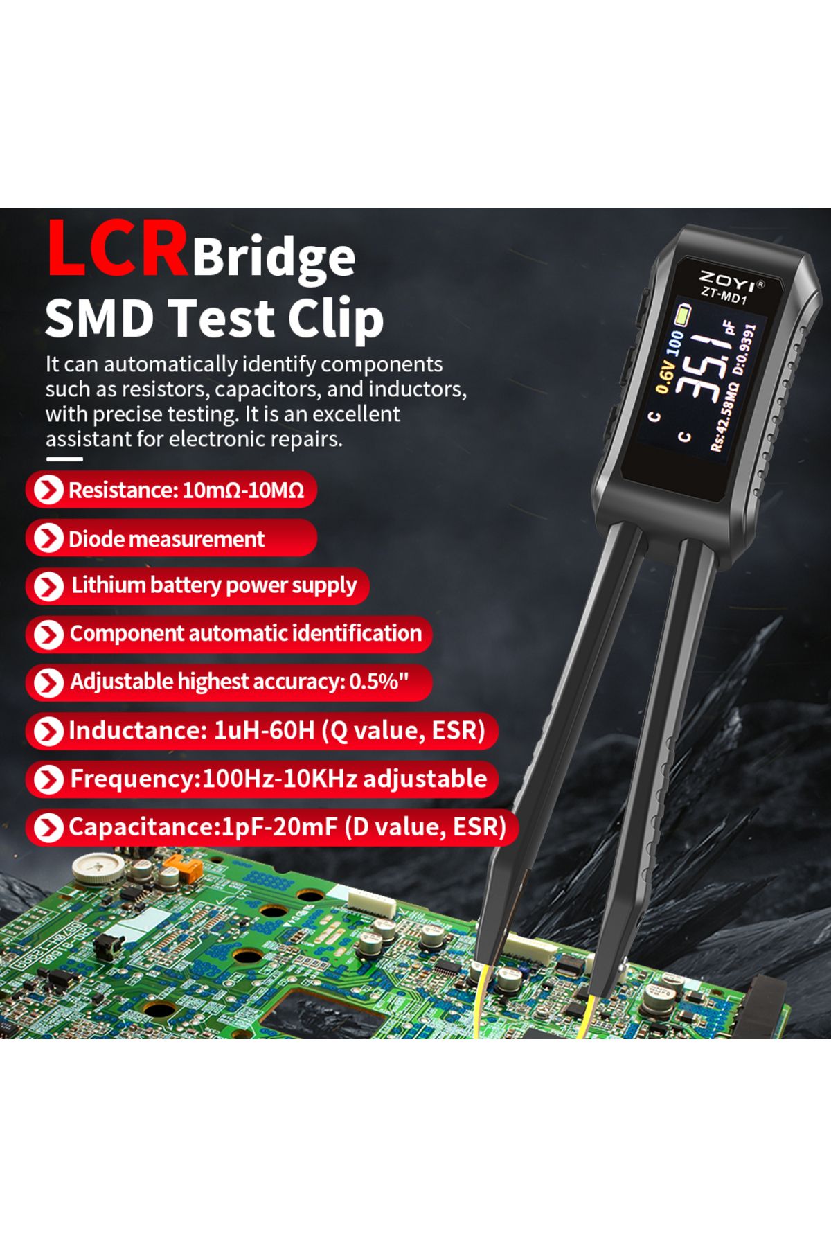 ZOYI-ZT-MD1 Digital Smart Tweezer LCR SMD ESR Tester Resistance Capacitance Inductance Continuity... 2