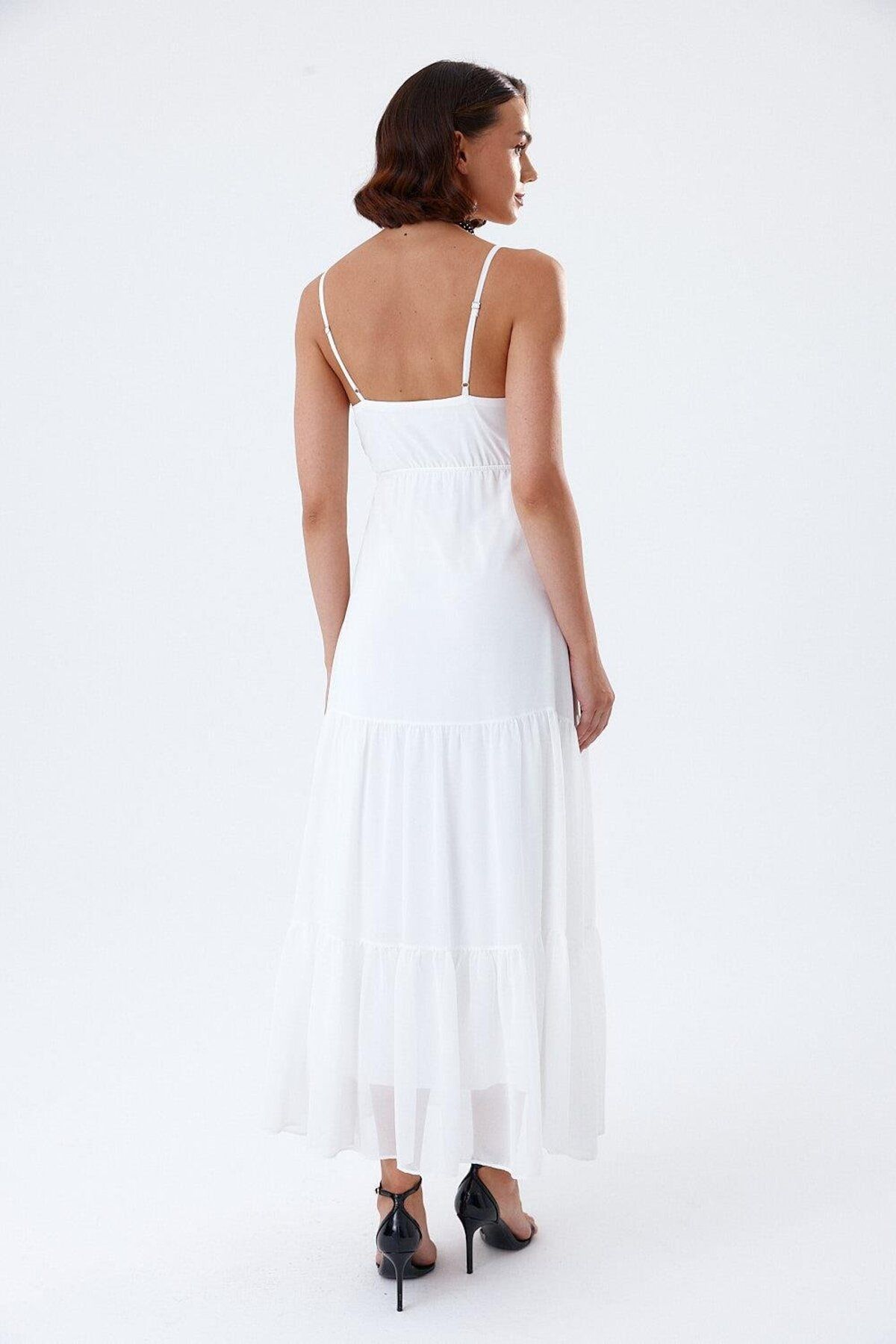 Tuba Butik-White Chiffon Dress - Long Cut with String Straps 7