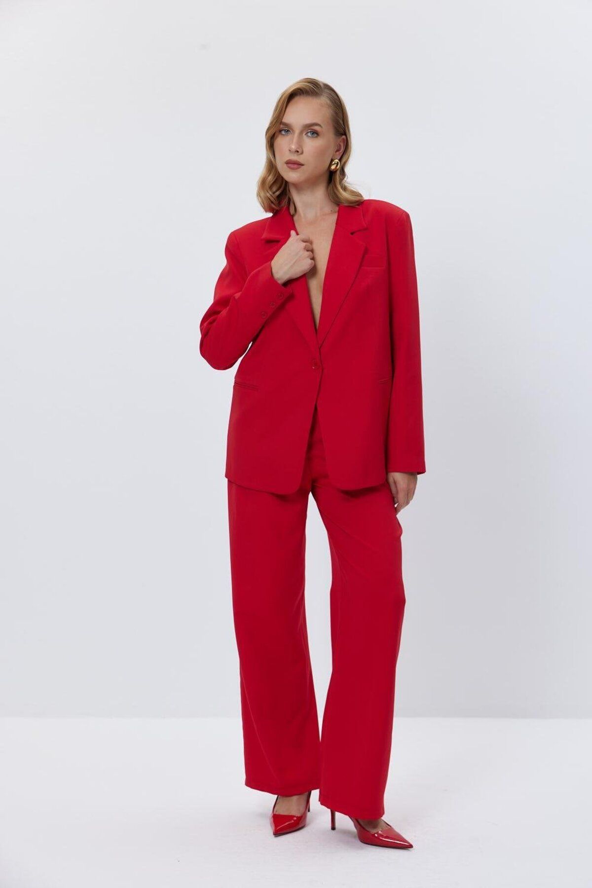 Tuba Butik-Single Button Blazer Red Women's Jacket 5