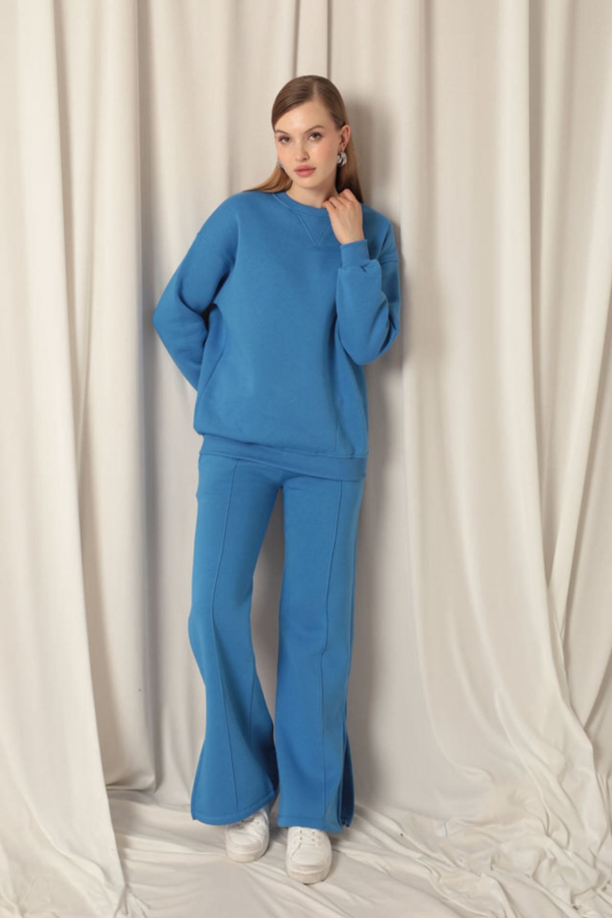 MODA-Three Thread Piping Grassy Slit Wide Leg Women's Blue Tracksuit 3