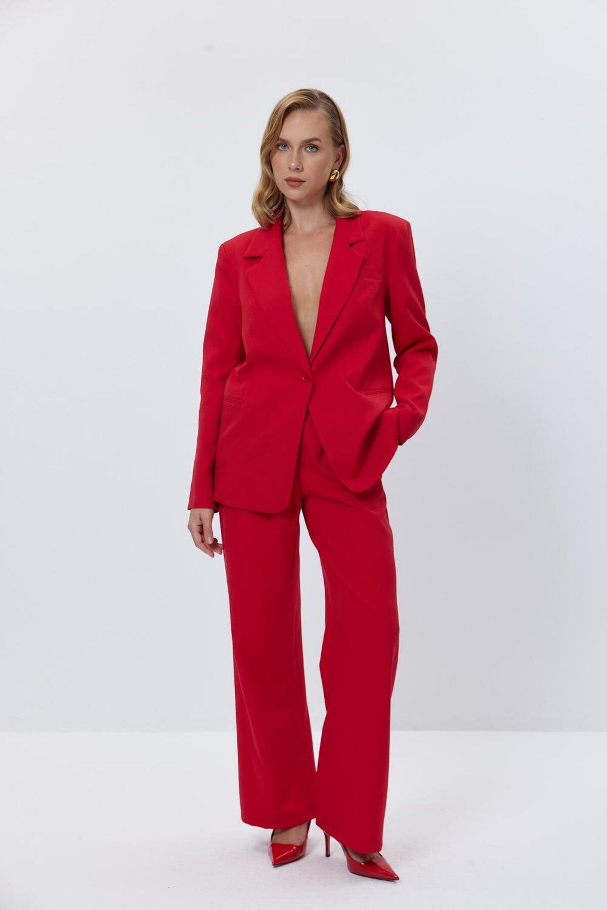 Tuba Butik-Single Button Blazer Red Women's Jacket 1