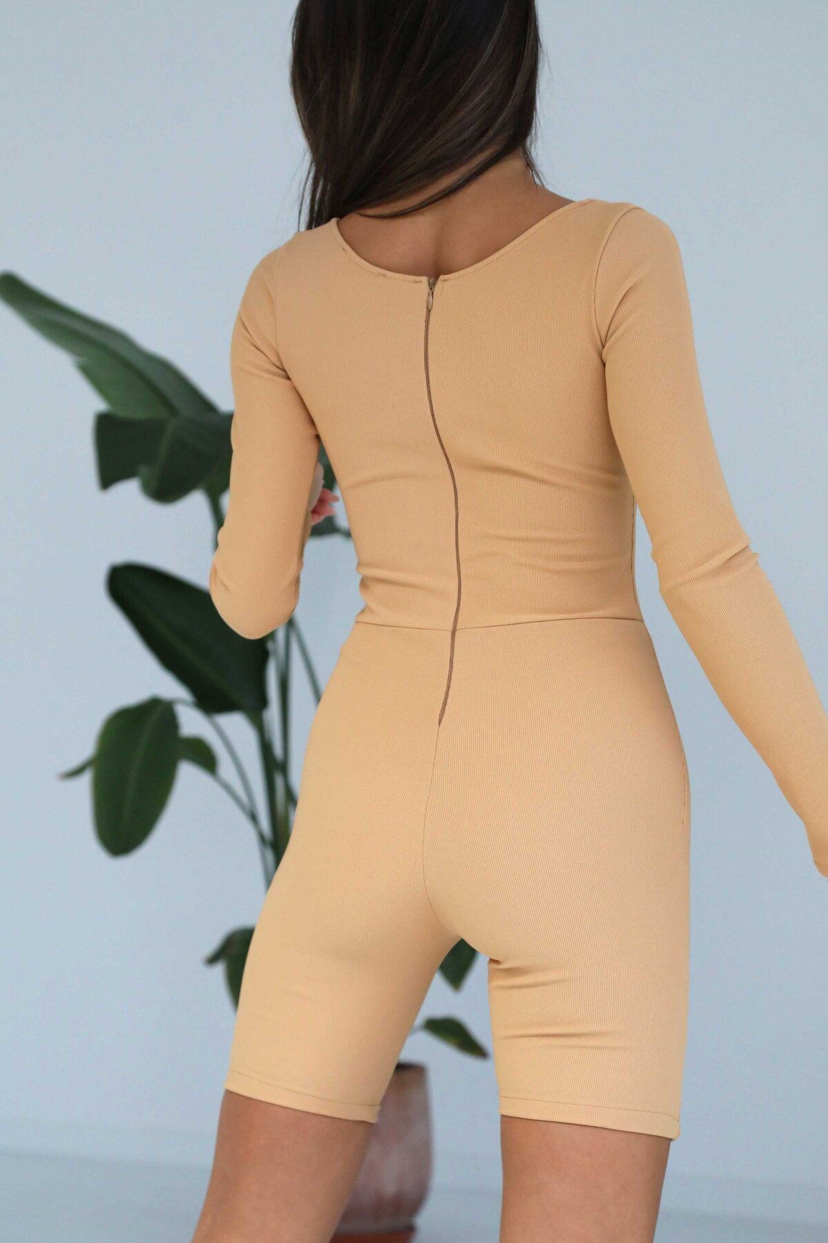 Tuba Butik-Square Collar Zippered Mink Women's Jumpsuit 4