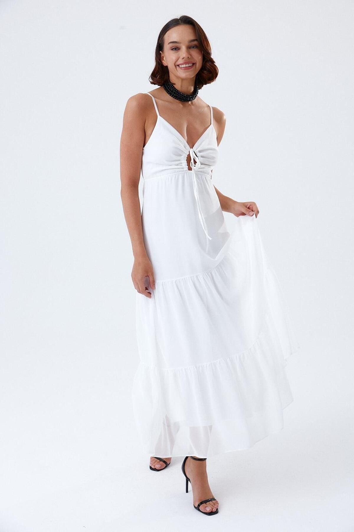 Tuba Butik-White Chiffon Dress - Long Cut with String Straps 4