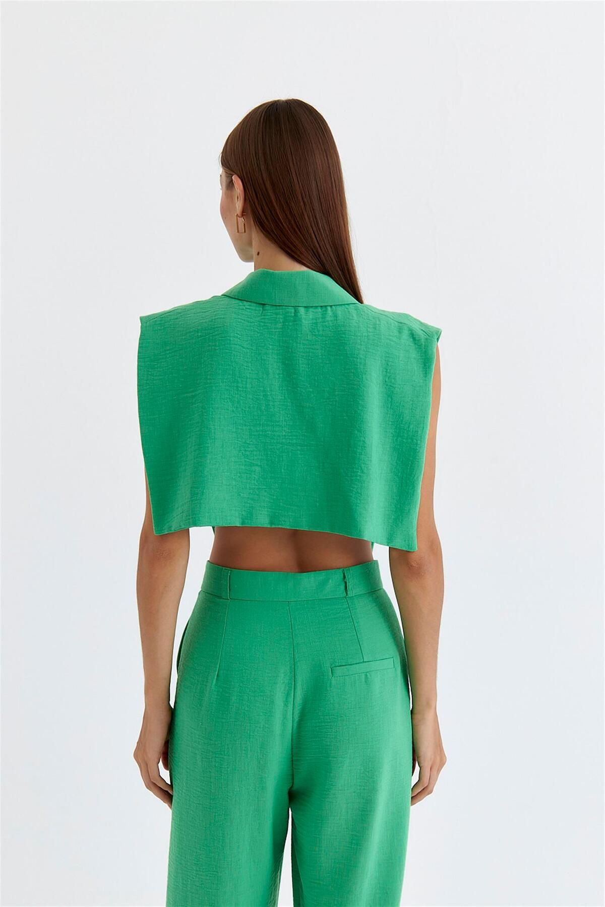Tuba Butik-Vestă verde pentru femei cu design amestecat de in 7