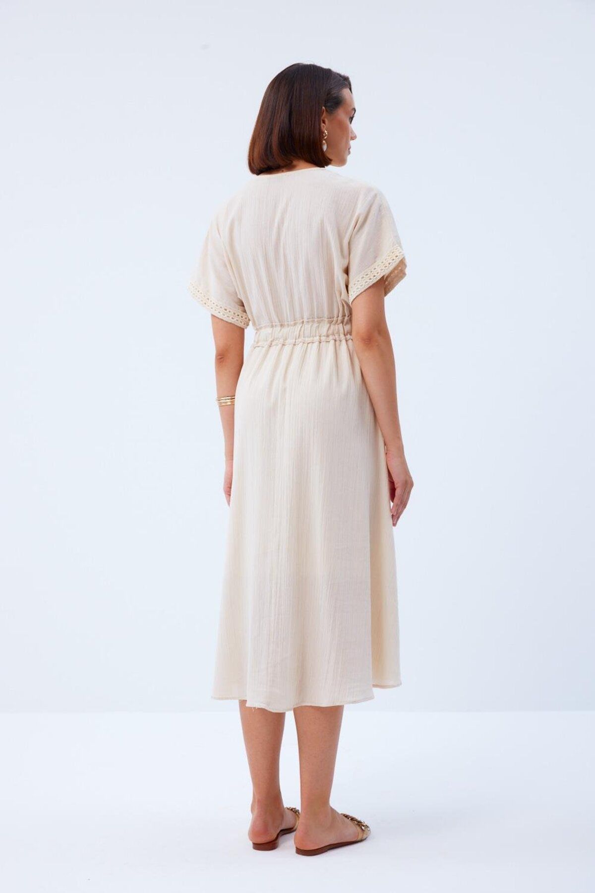 Tuba Butik-Beige Midi Dress - Linen Look, V-Neck 7