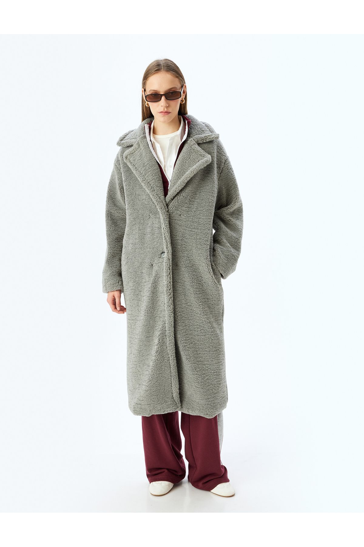 Koton-Buttoned Lined Long Plush Coat with Pocket Detail 3