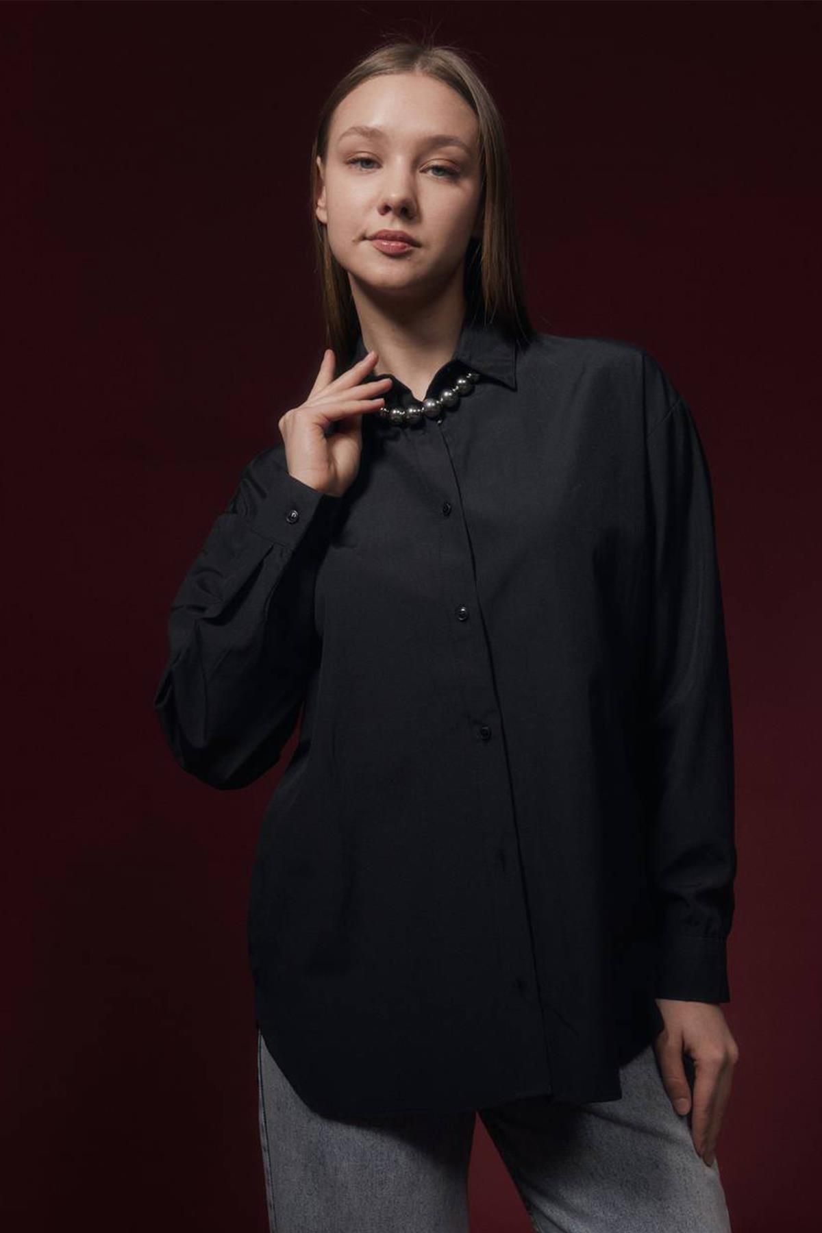 TENA-Black Oversize Shirt - Long Sleeve, Short Front and Long Back Skirt 1