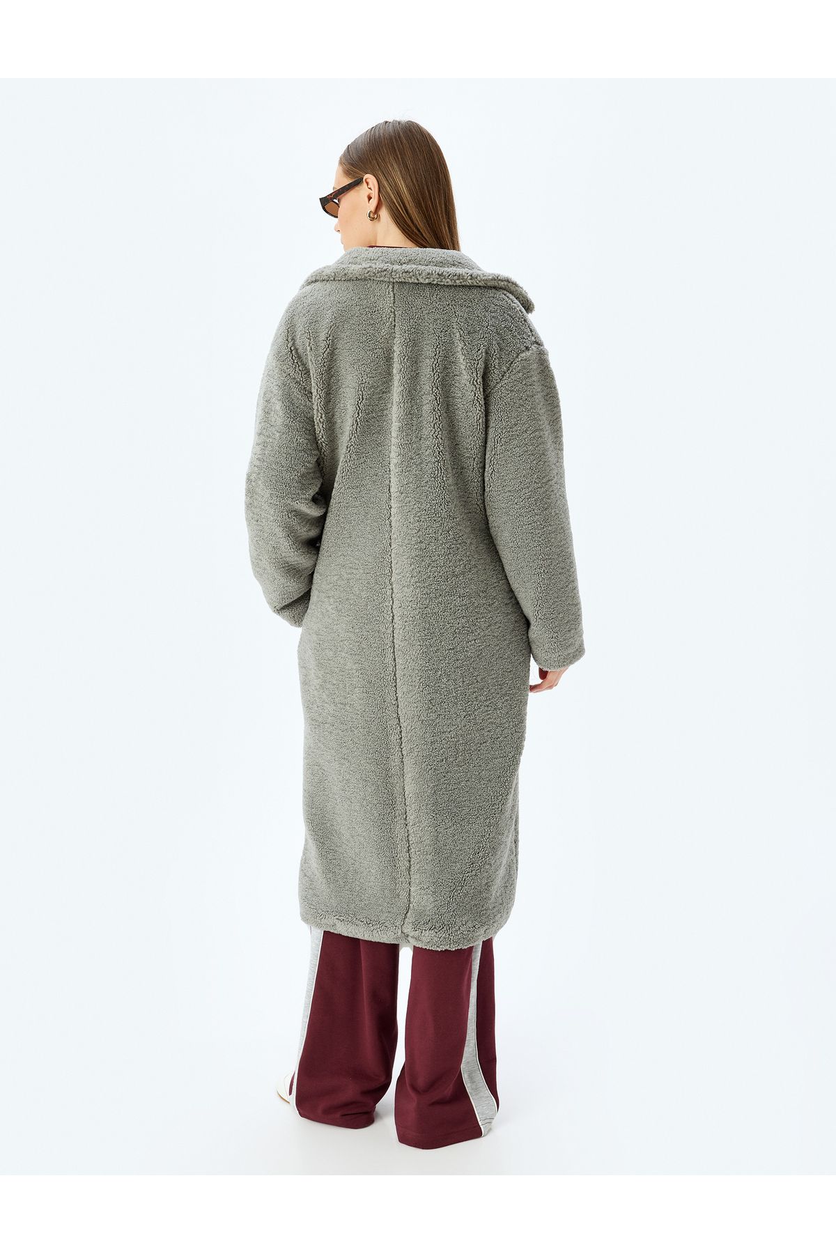 Koton-Buttoned Lined Long Plush Coat with Pocket Detail 4