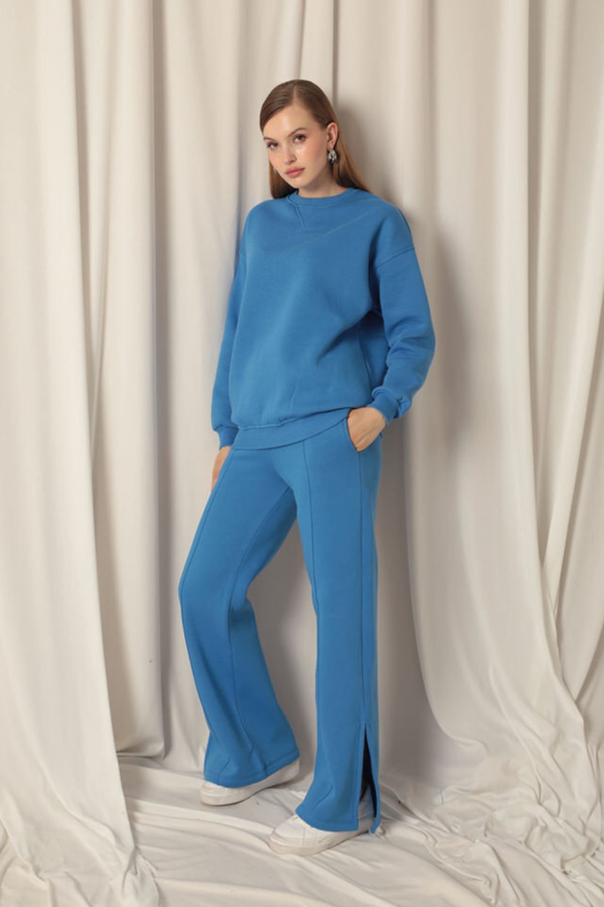 MODA-Three Thread Piping Grassy Slit Wide Leg Women's Blue Tracksuit 4