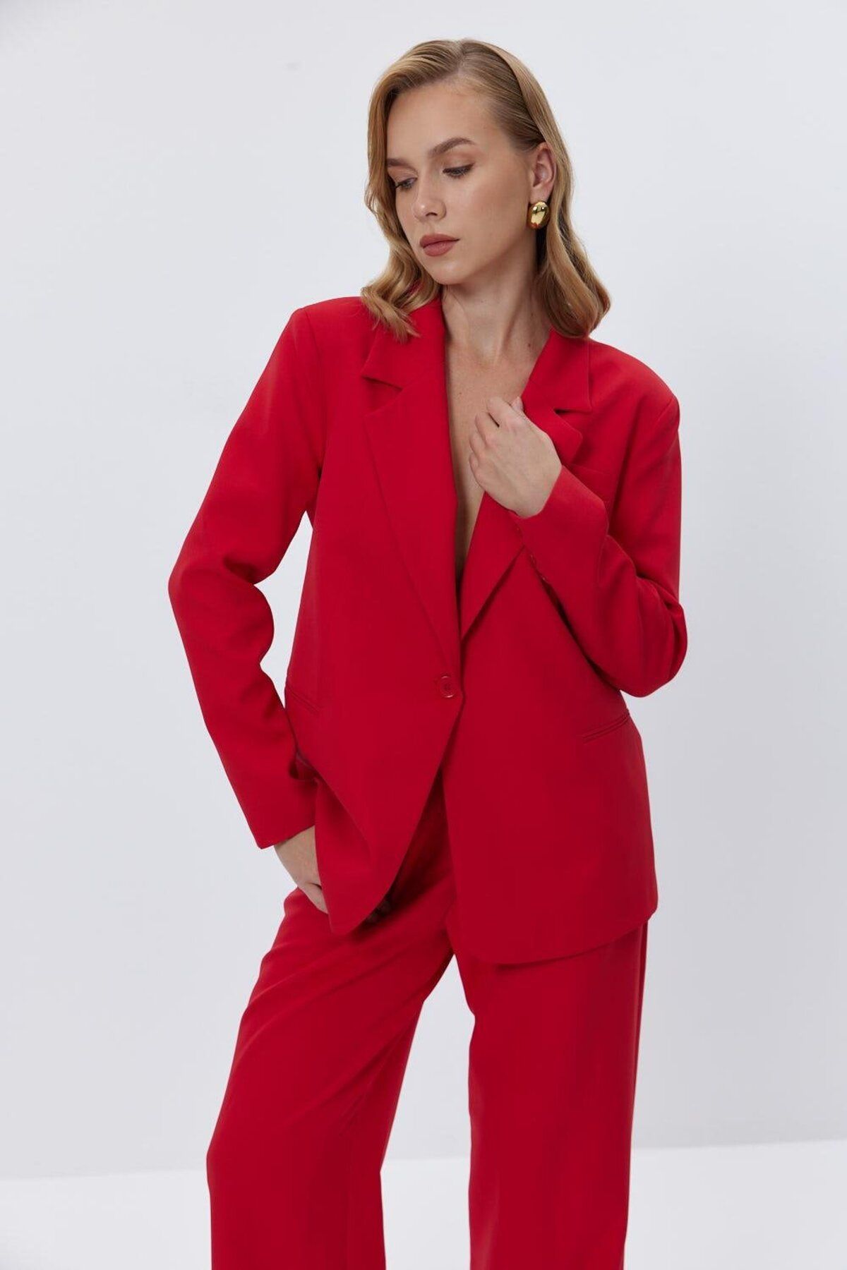 Tuba Butik-Single Button Blazer Red Women's Jacket 2