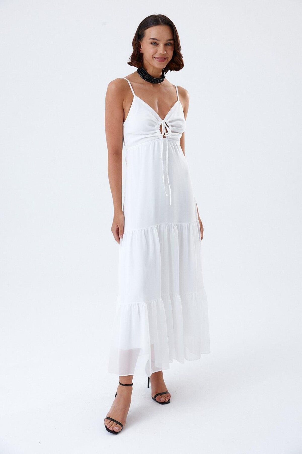 Tuba Butik-White Chiffon Dress - Long Cut with String Straps 1