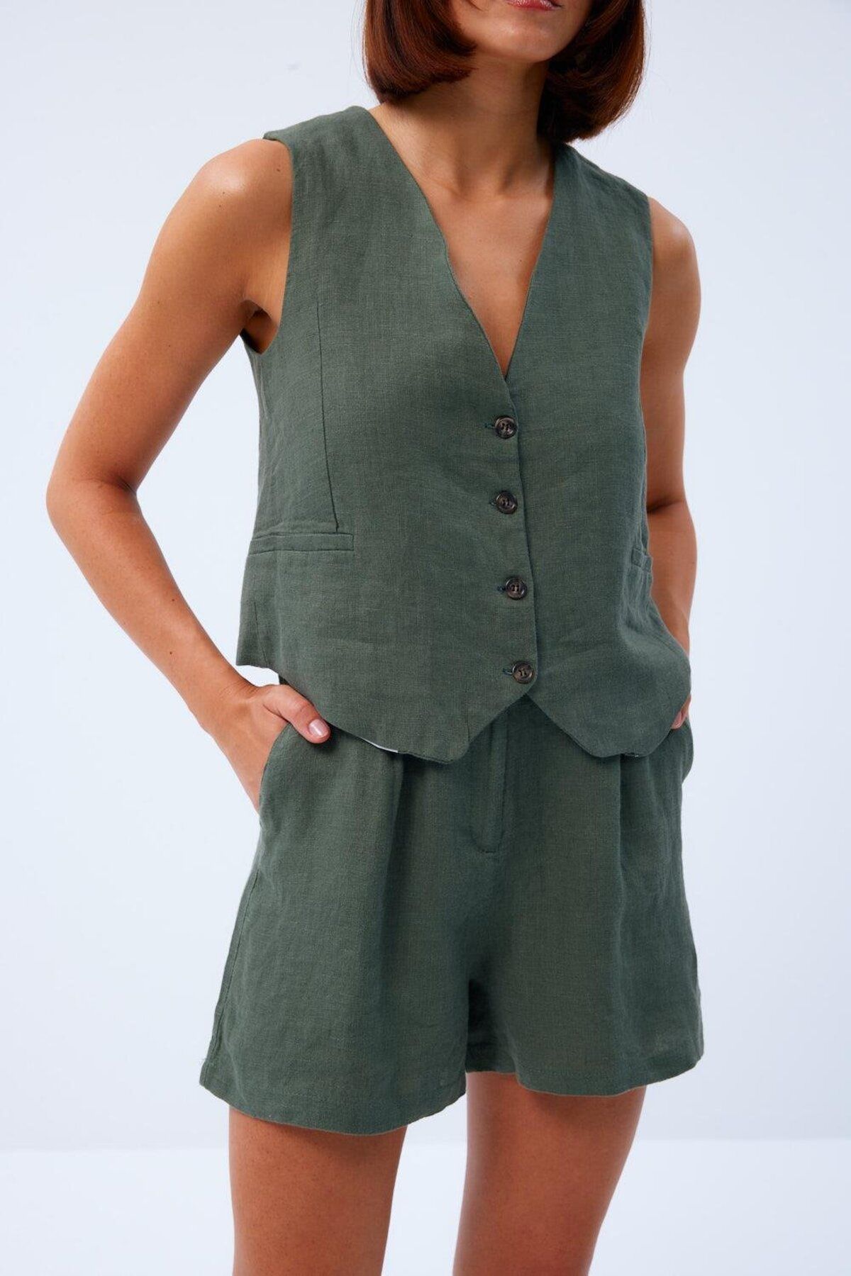 Tuba Butik-Women's Khaki Vest - Linen, Buttoned and V-Neck 4