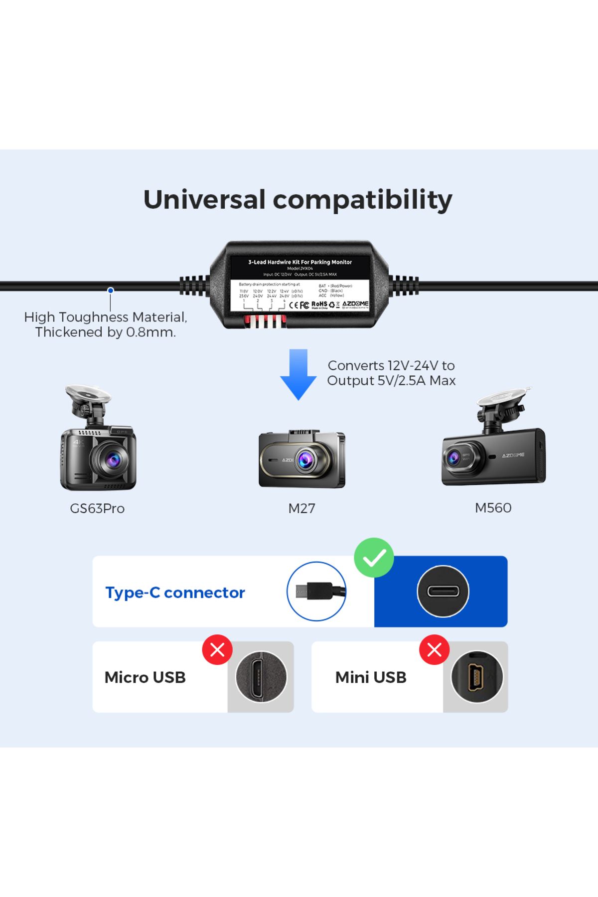 Choice-Azdome Jyx05 Car Dvr Record Hardwire Kit With Type-c Port For M660/m550 Max/m300s/pg17 Low Vol Pr... 5