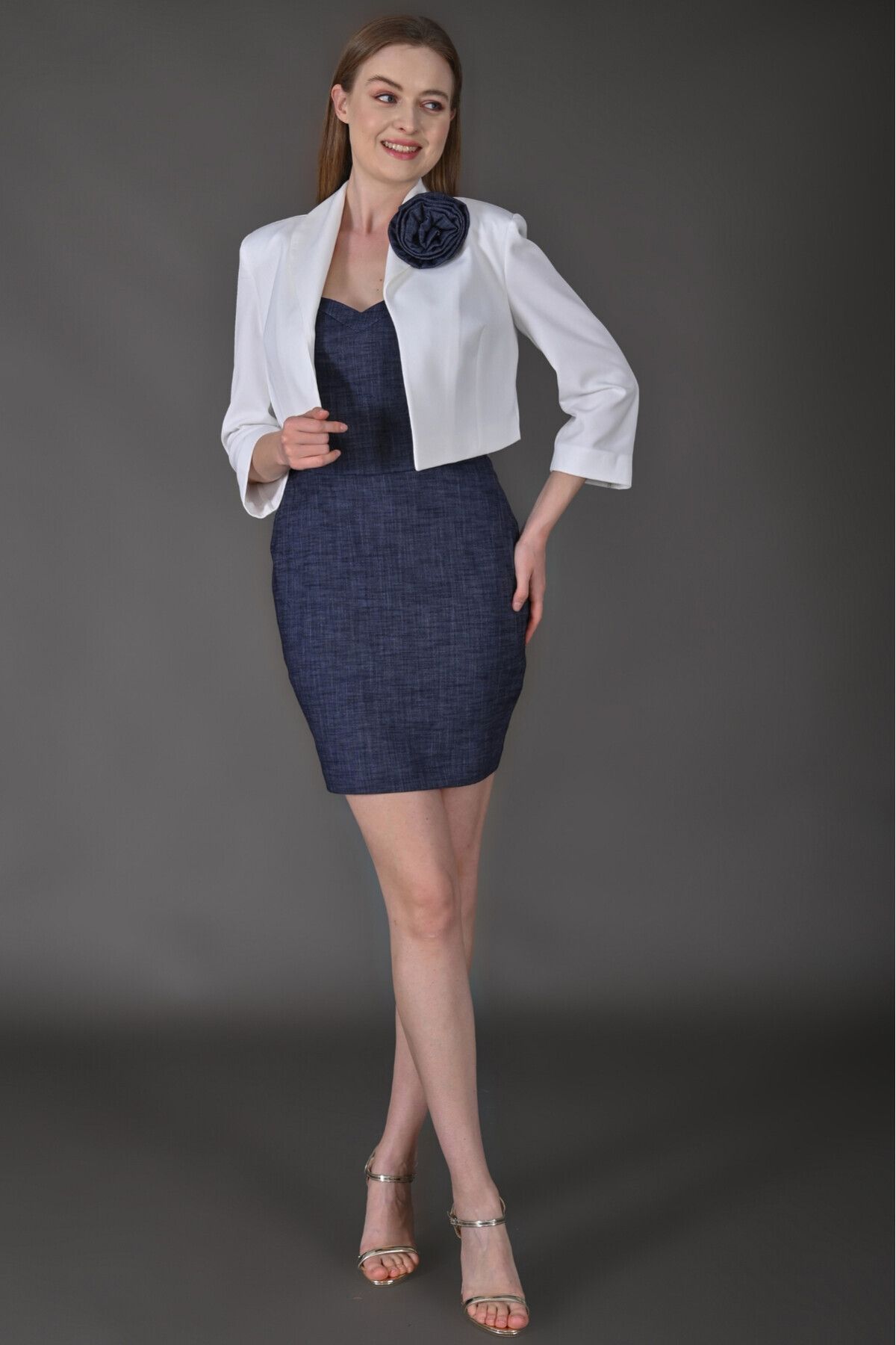 Favori Tekstil-Accessory Detailed Blazer Jacket and Mini Denim Dress Favorite Textile 2