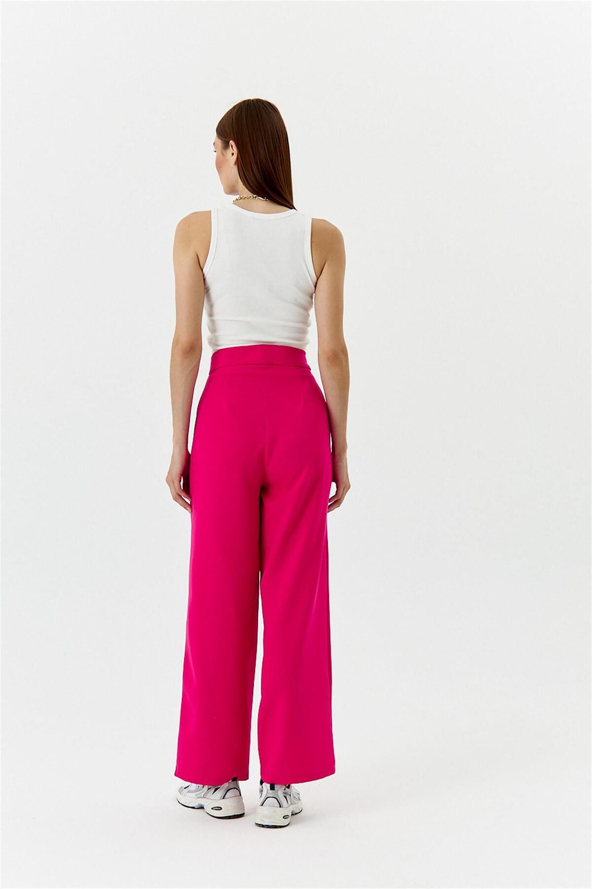 Tuba Butik-Pantaloni de damă Palazzo Fuchsia cu detaliu velcro 4