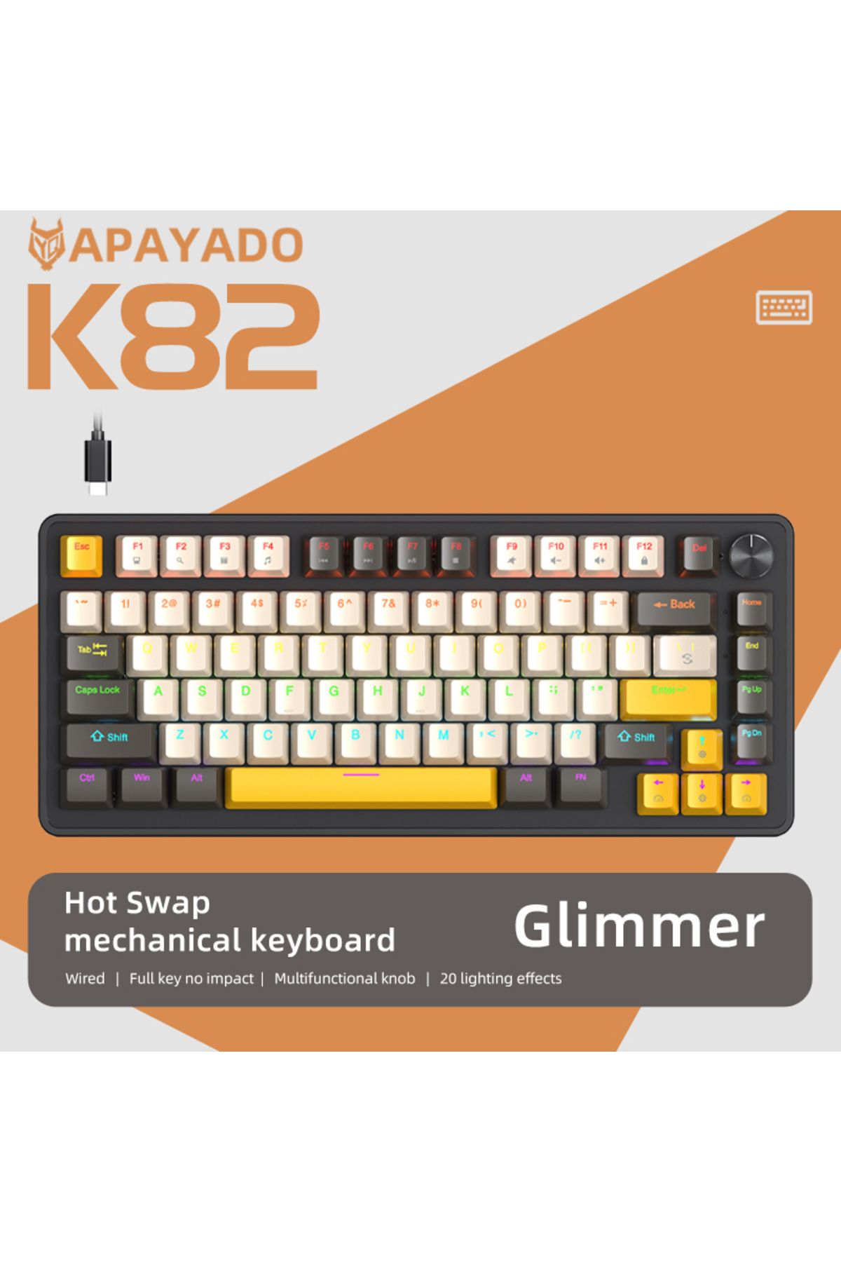 Choice-Red Switch Glimmer K82 Mechanical Wired Keyboard With Media Knob, Apayado Hot Swap Gaming Keyboard, 1