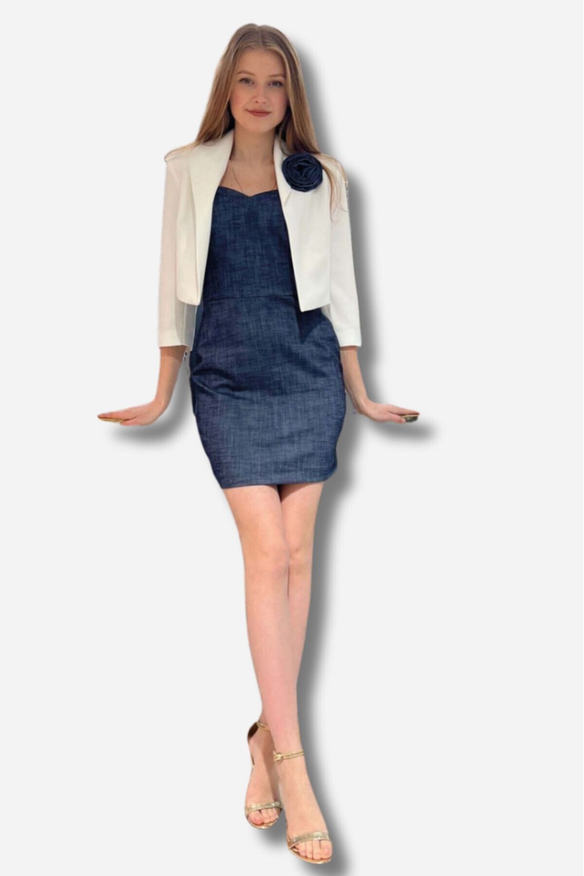 Favori Tekstil-Accessory Detailed Blazer Jacket and Mini Denim Dress Favorite Textile 5