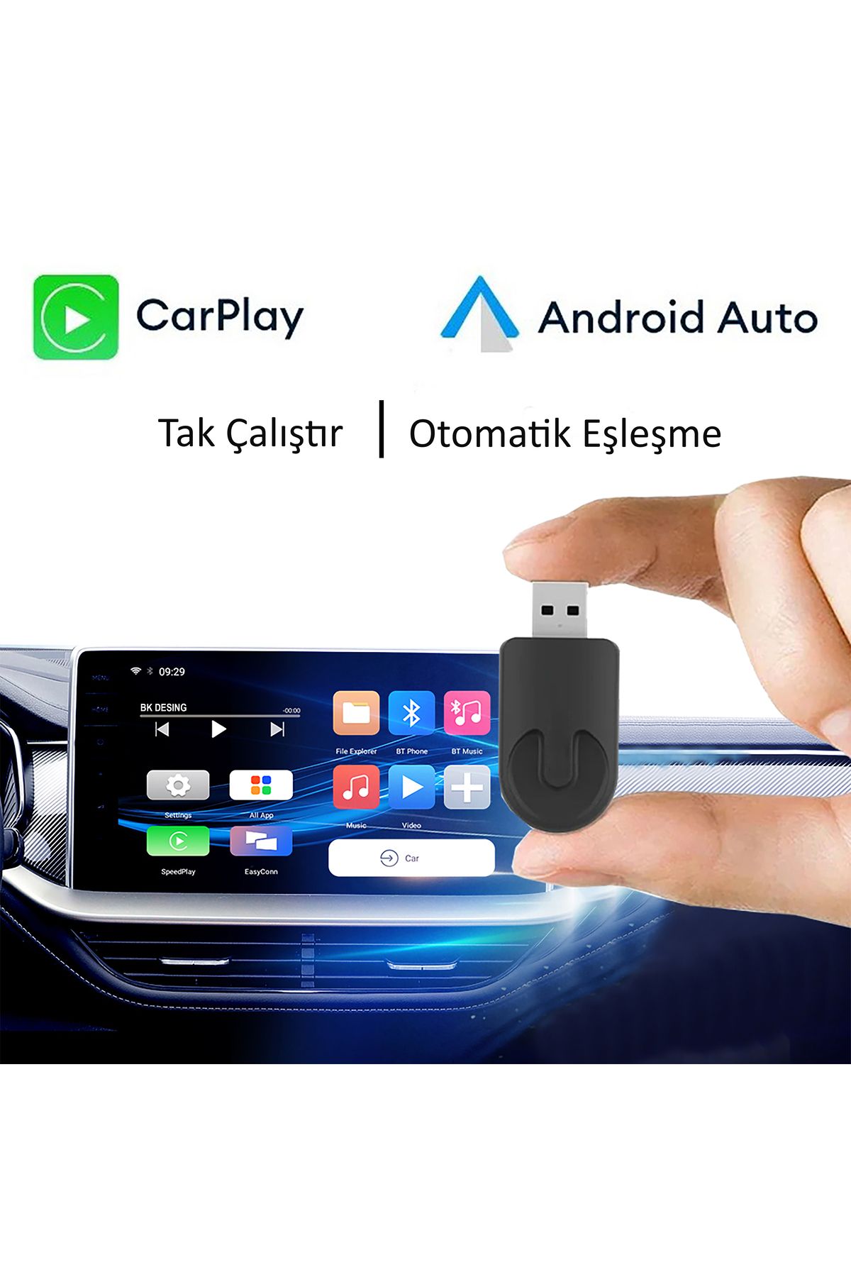 BK DESING Yeni Tasarım Mini Kablosuz Carplay Usb ve Type-c Uyumlu Araç Multimedya Adaptörü