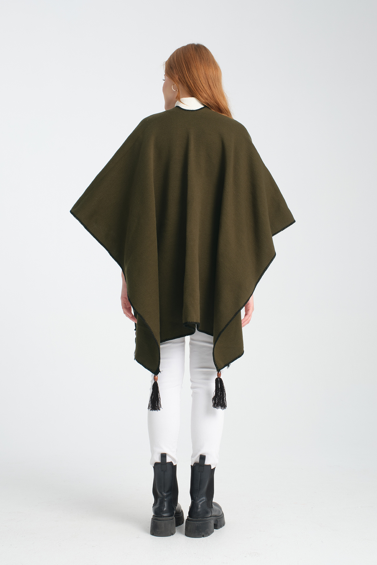 VEGA MODA-Stylish Designed Plain Knitwear Poncho - Patternless Shawl Poncho with Button Detail 8
